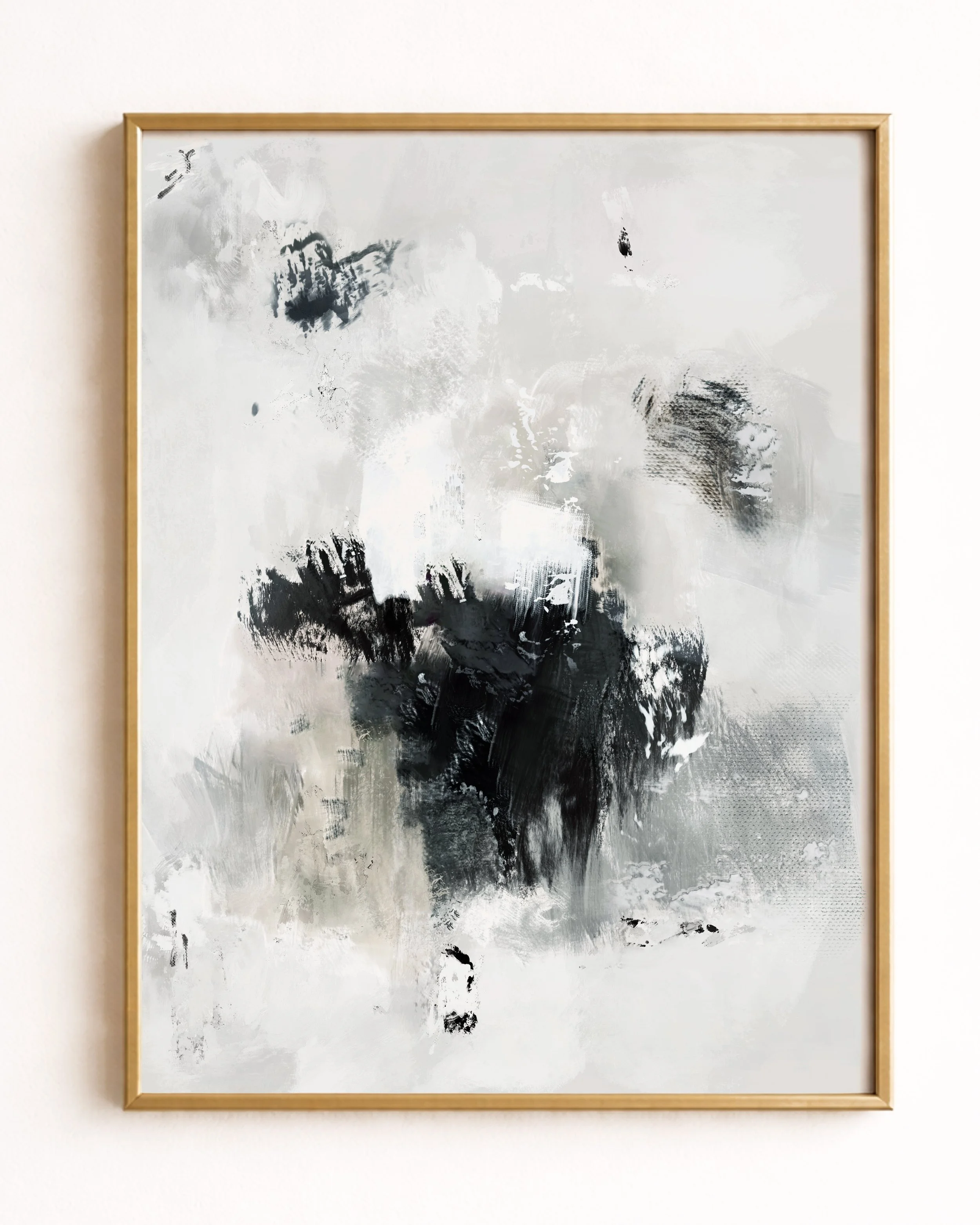 Abstract black and white painting with textured brushstrokes and smudges.