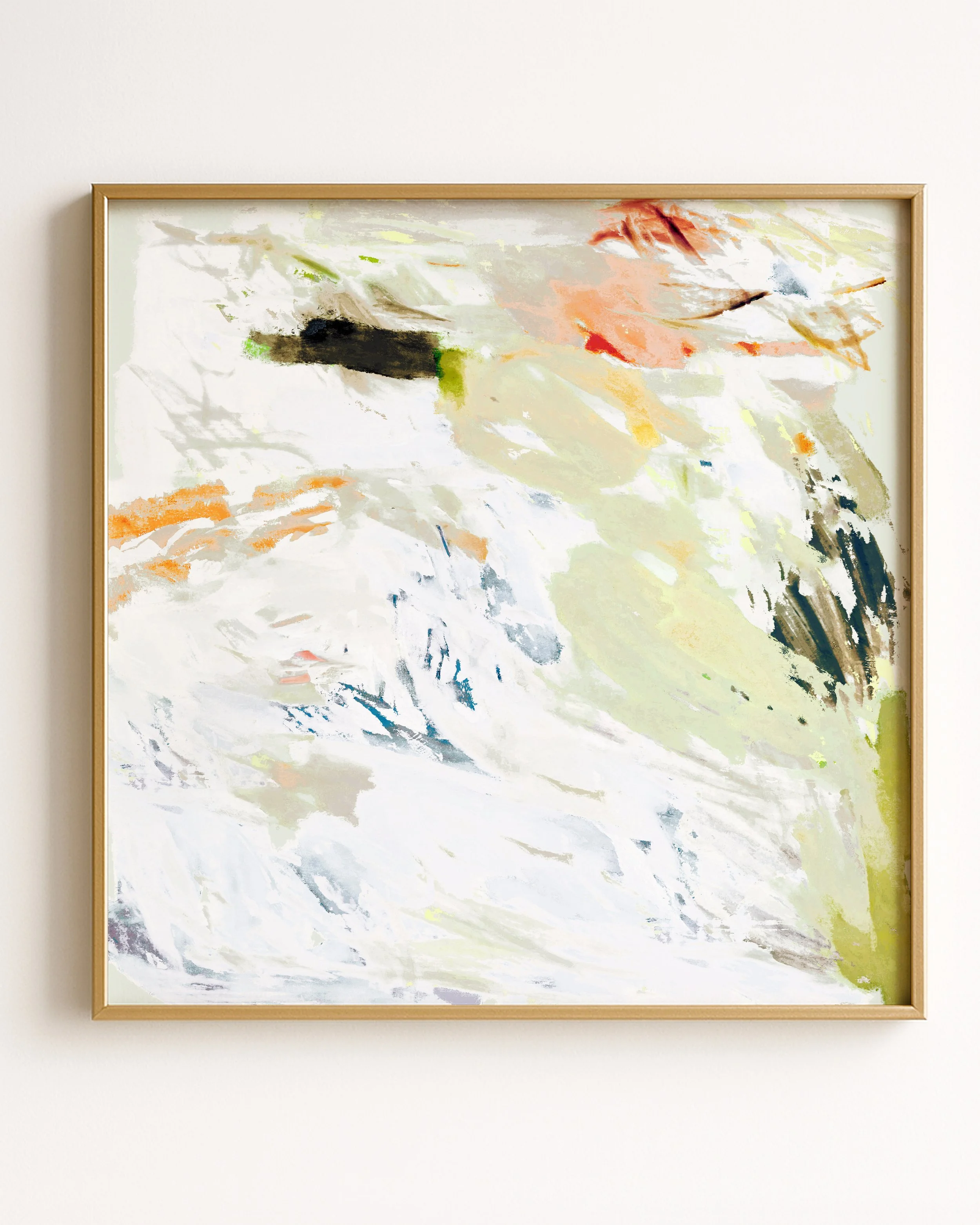 Abstract painting with swirls of white, black, orange, green, and blue colors.
