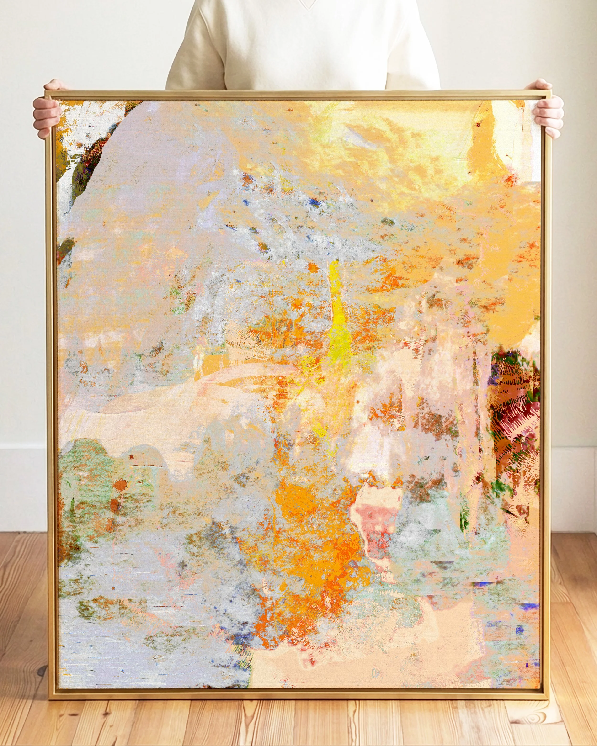 Abstract painting with yellow, orange, white, and pastel colors blending together.