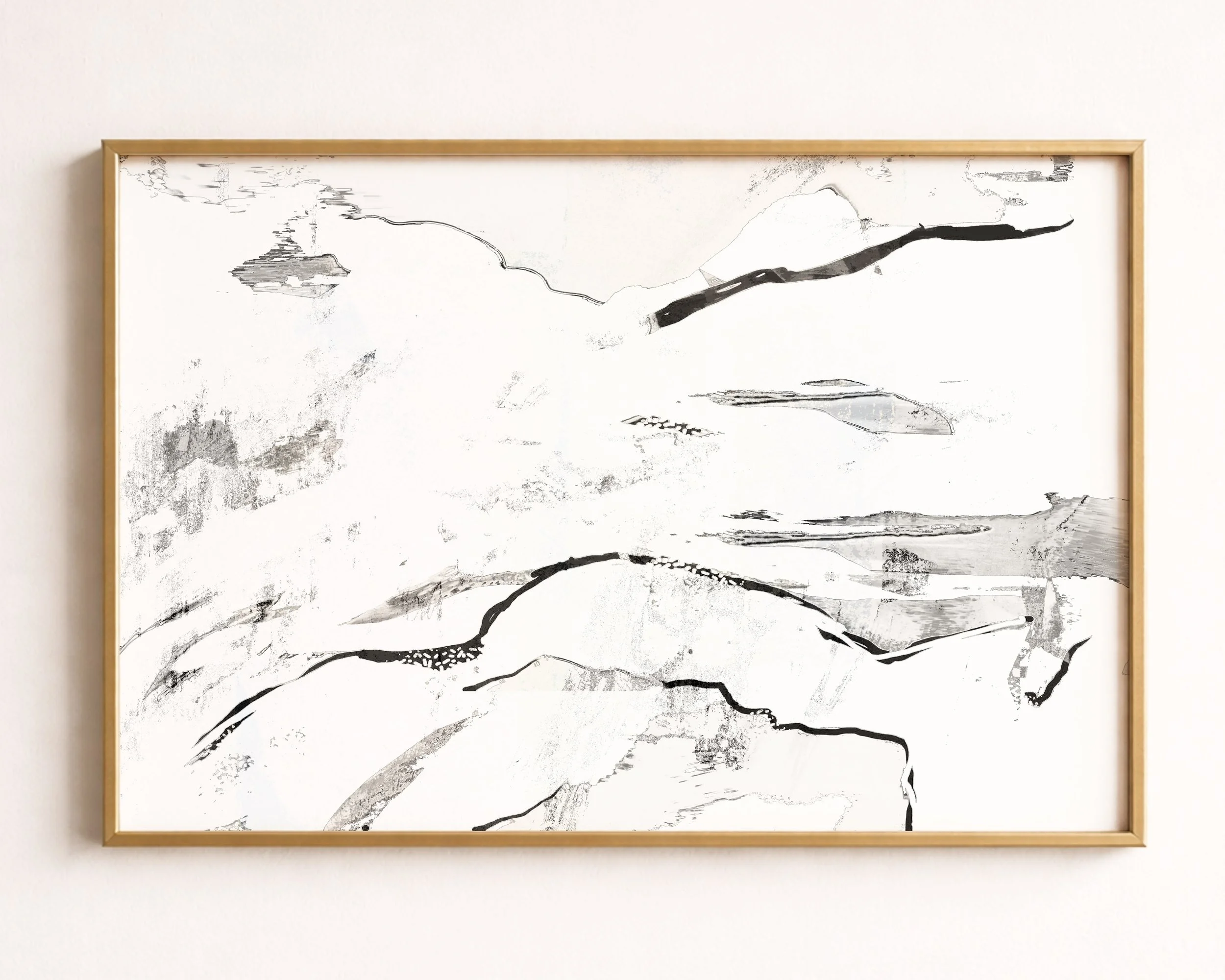 Abstract black and white painting featuring flowing lines and textured backgrounds.