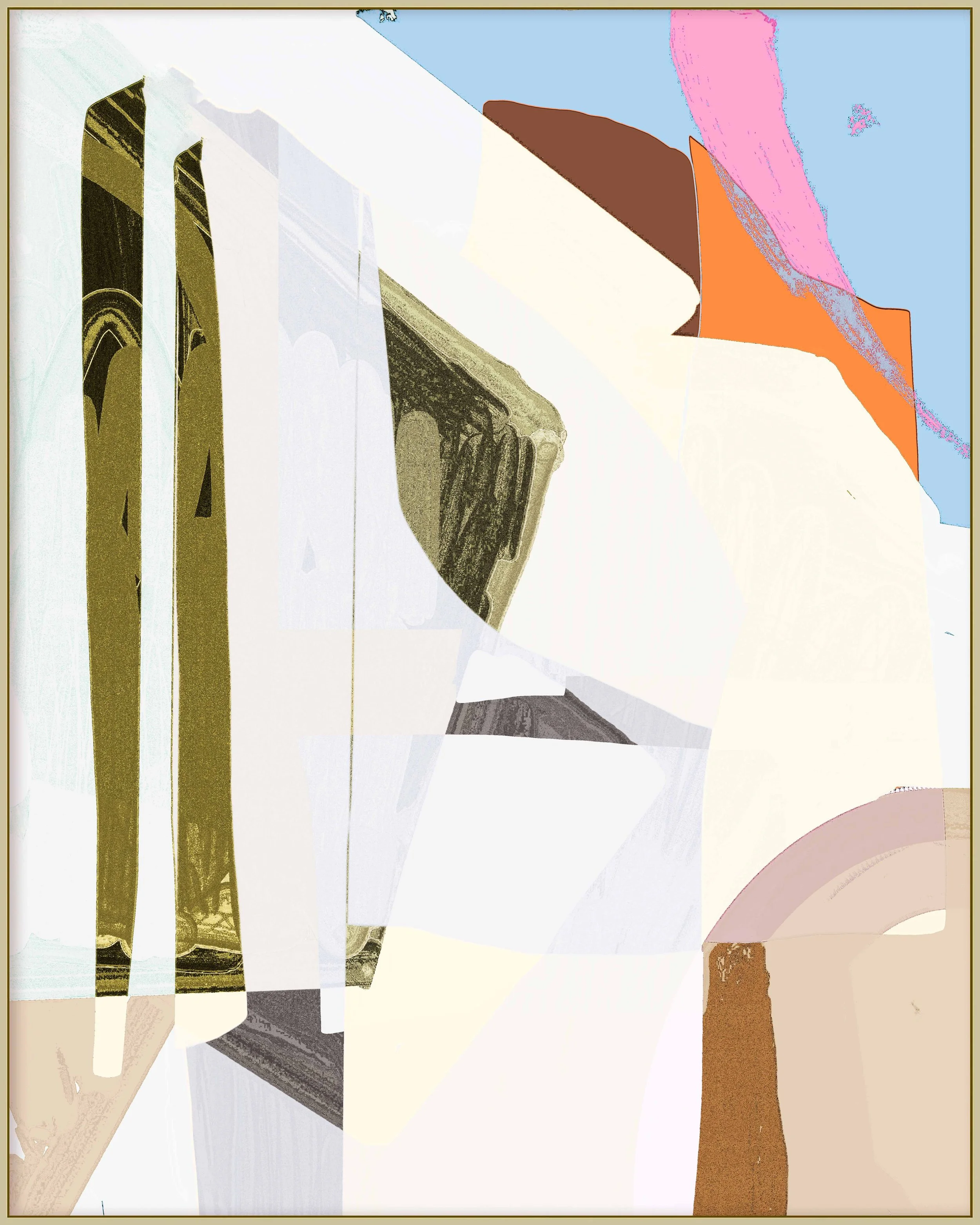 Abstract digital artwork with various geometric shapes and colors, including shades of brown, pink, blue, white, and black.