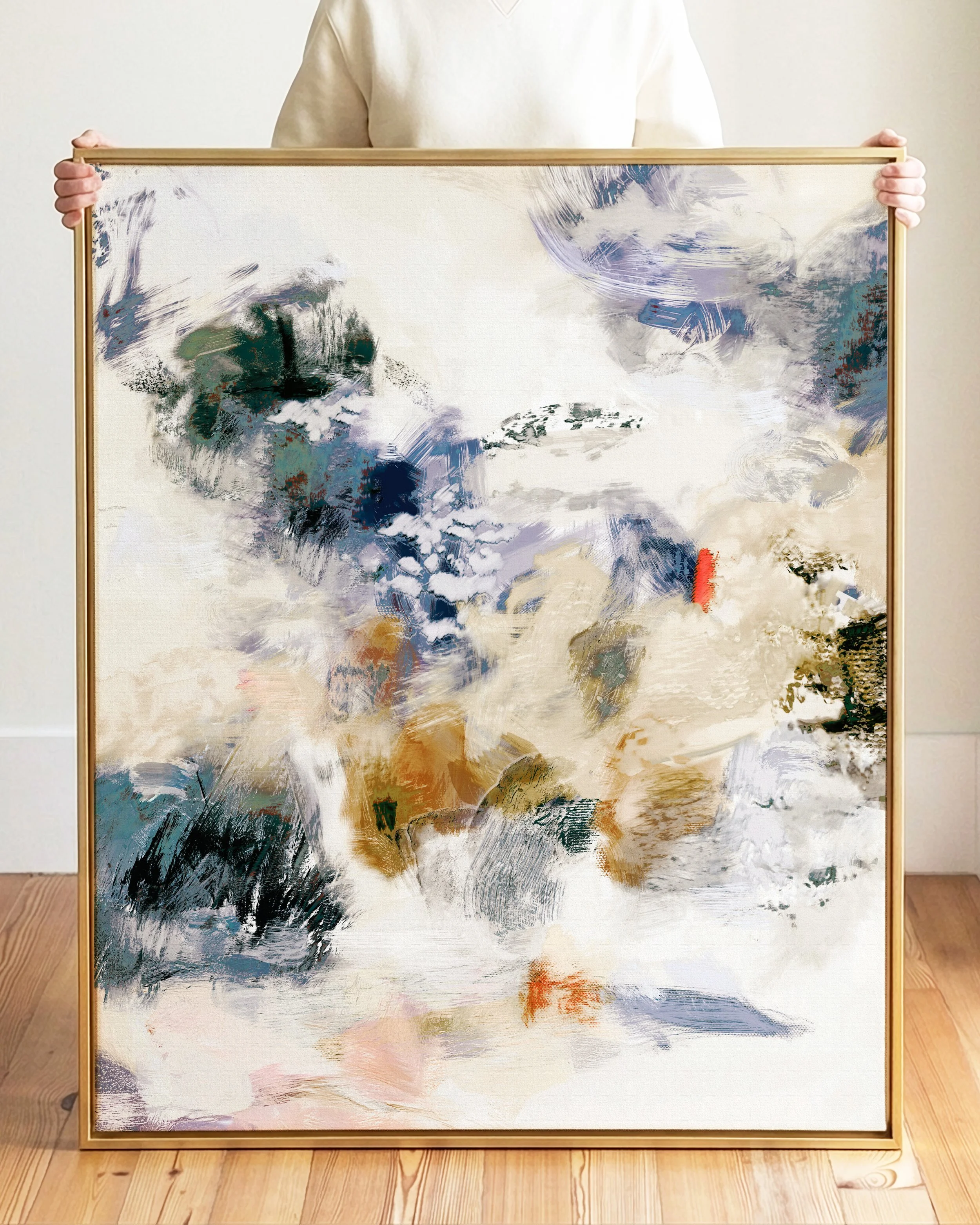 Abstract painting with swirling brushstrokes in shades of white, beige, blue, black, green, brown, and red.