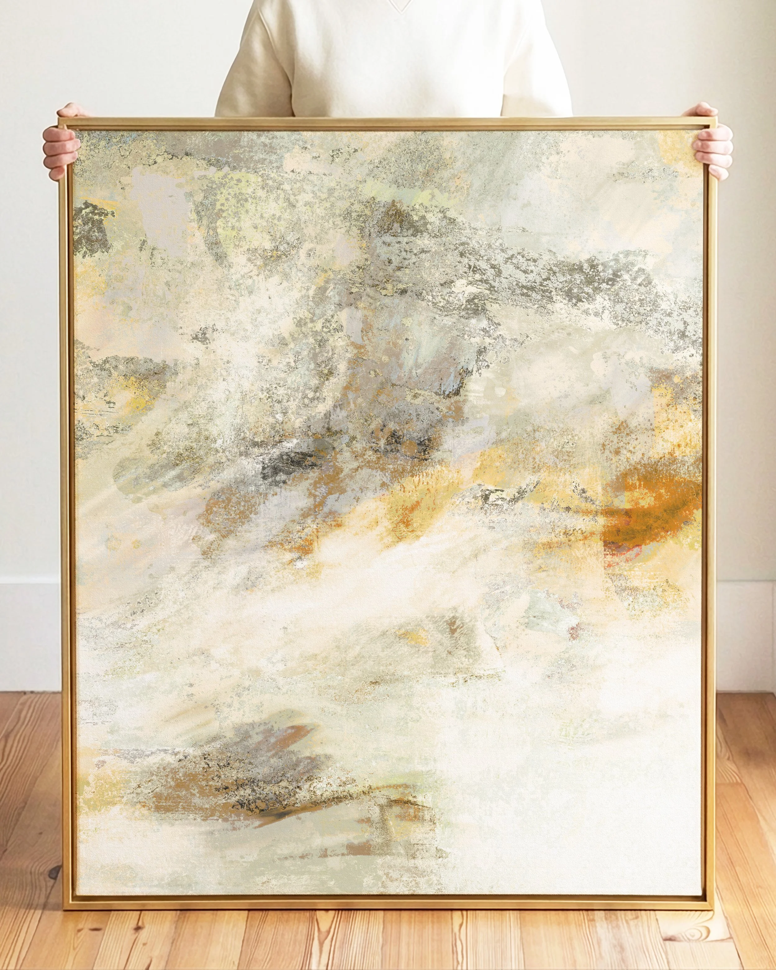 Abstract painting with soft, muted colors including beige, gray, light blue, and hints of orange and yellow, resembling a landscape with cloudy skies and a distant horizon.