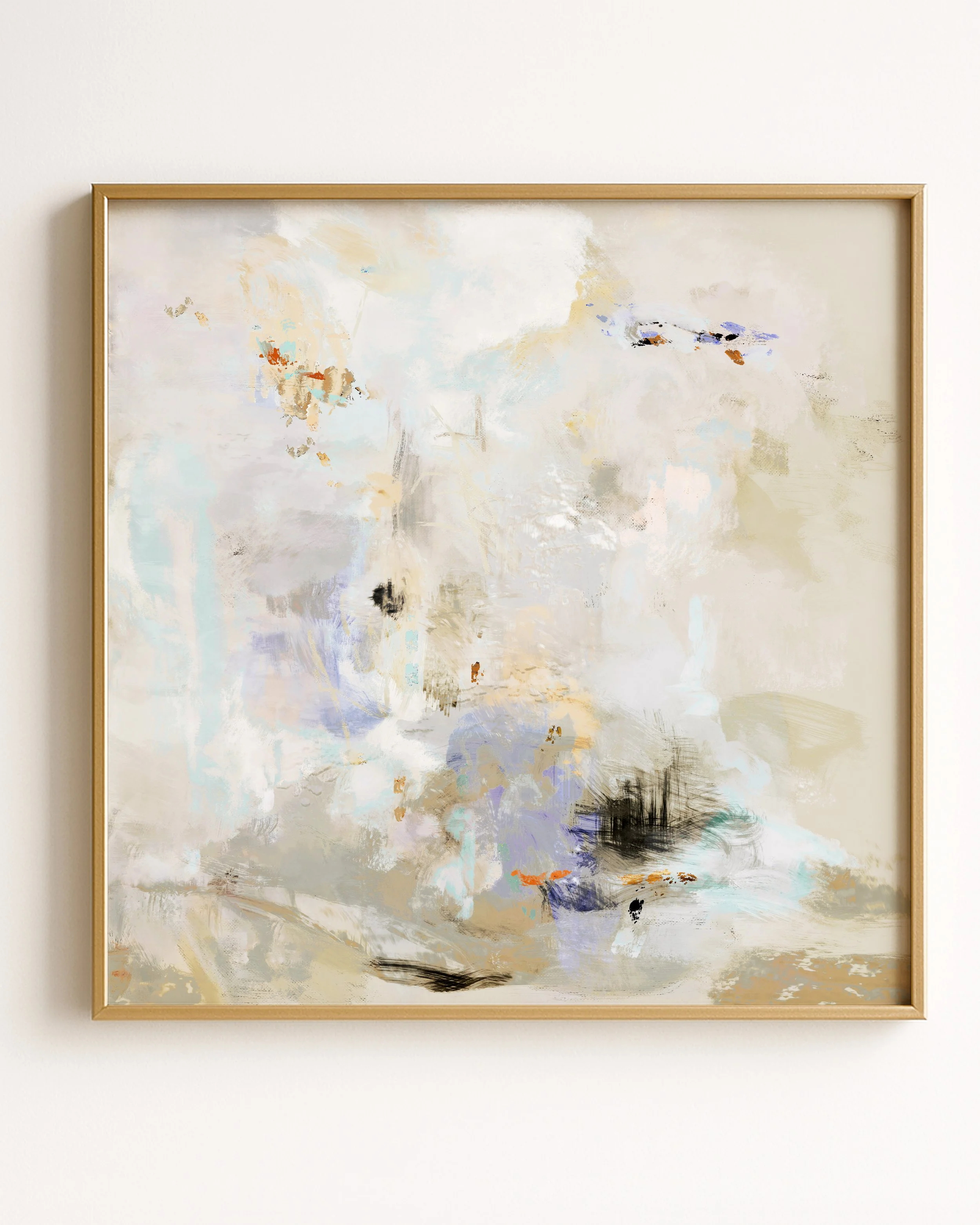 Abstract watercolor painting with light pastel colors and some darker accents.