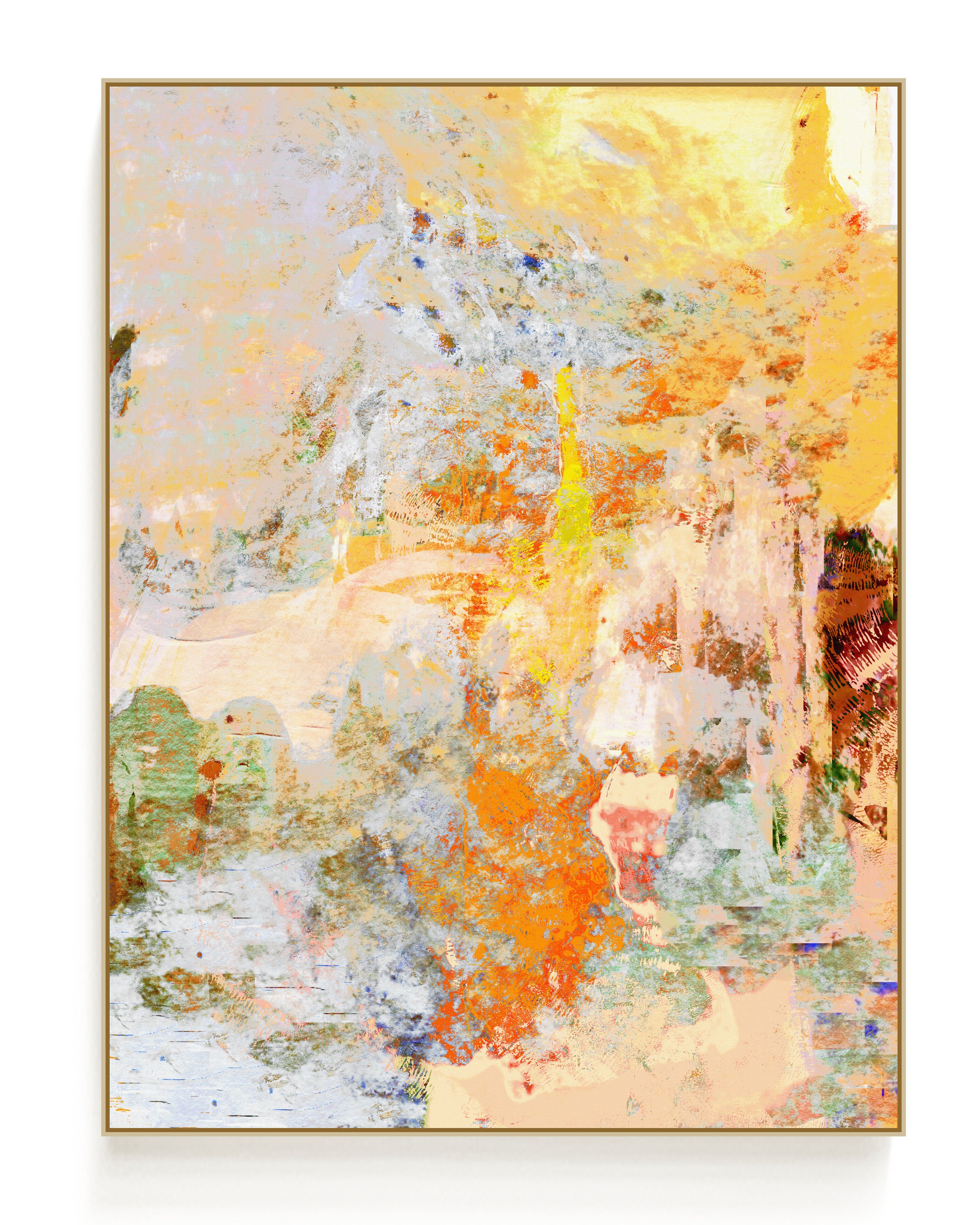 Abstract painting with yellow, orange, white, and pastel colors blending together.