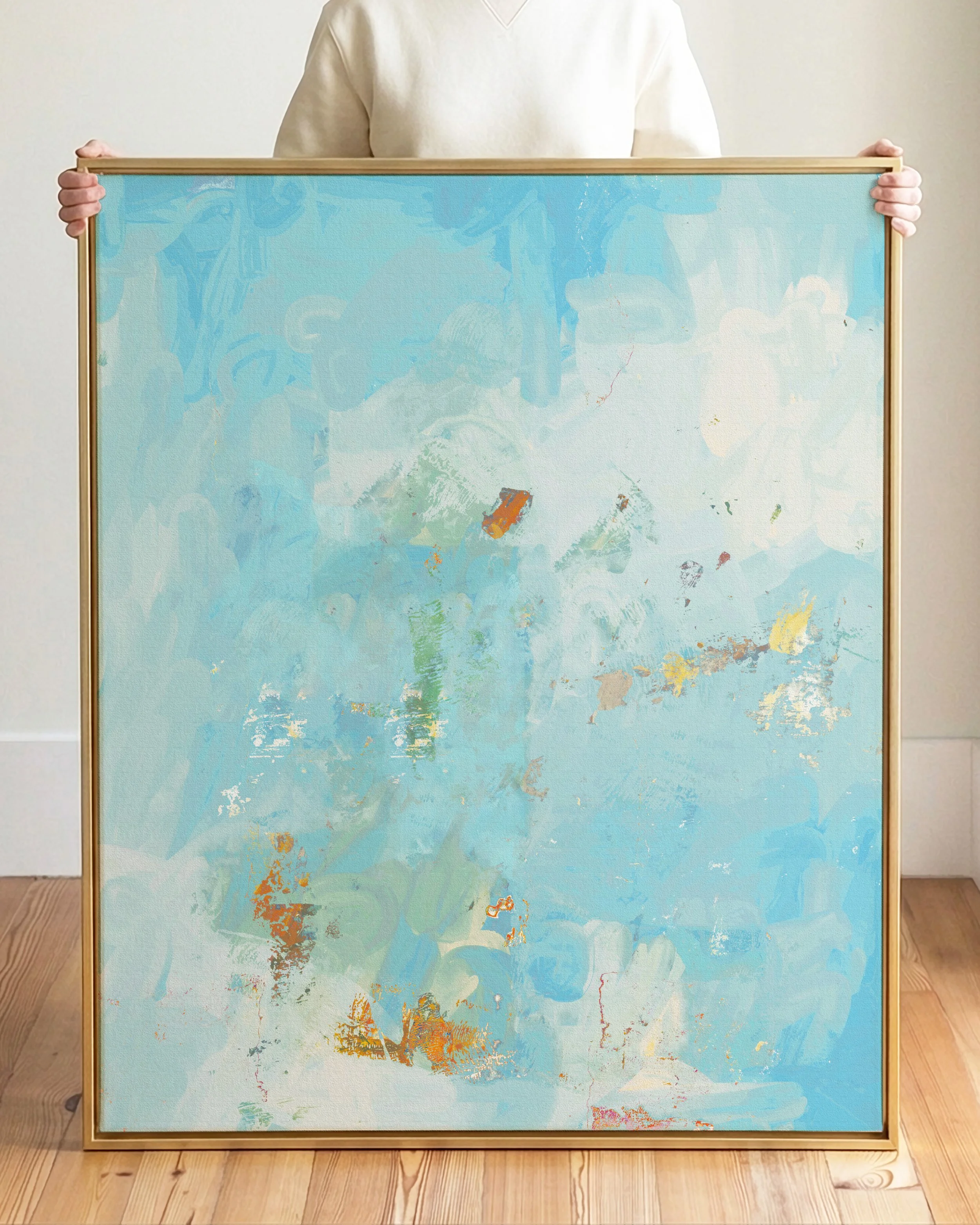 Abstract painting with various shades of blue, hints of orange, green, and white, and some textured brushstrokes.