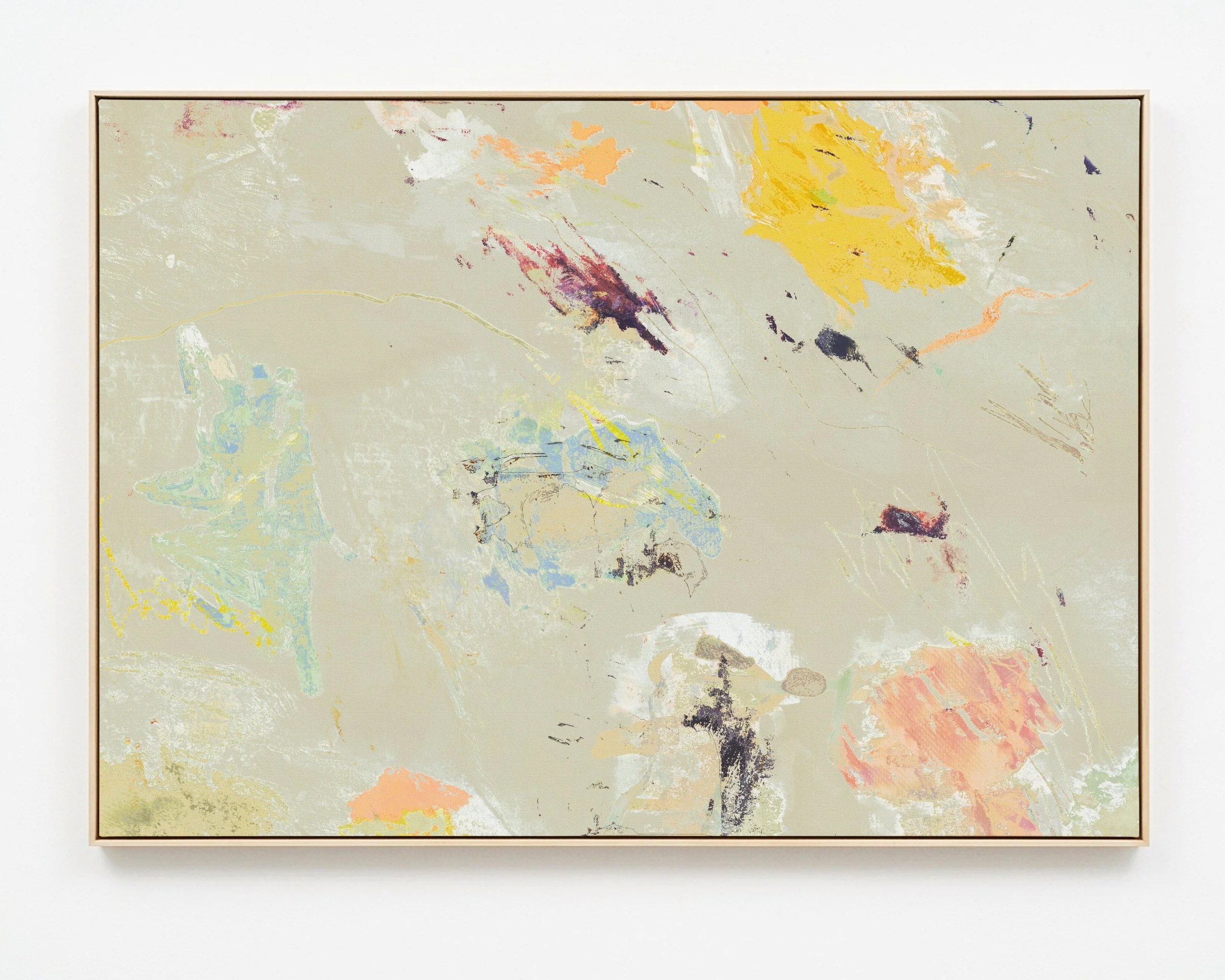 Abstract watercolor artwork featuring splashes of color including orange, blue, red, black, yellow, and green, with various brushstrokes and lines.