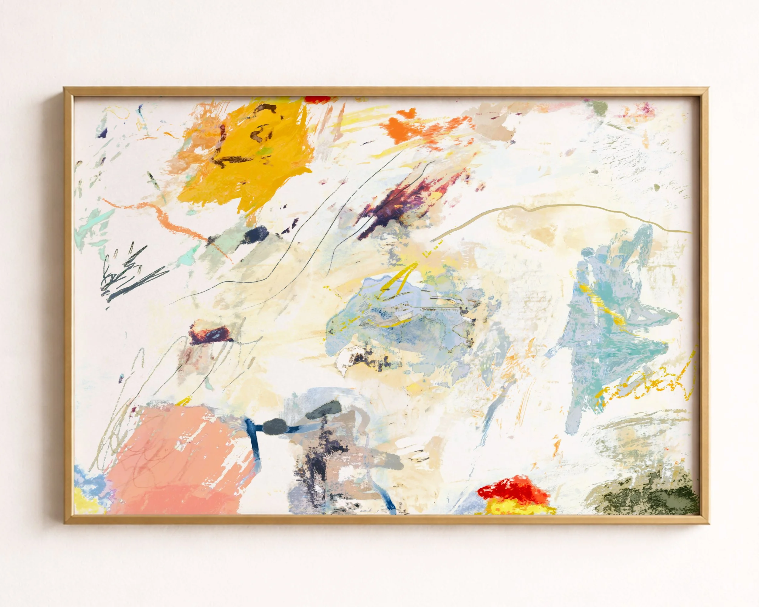 Abstract watercolor artwork featuring splashes of color including orange, blue, red, black, yellow, and green, with various brushstrokes and lines.