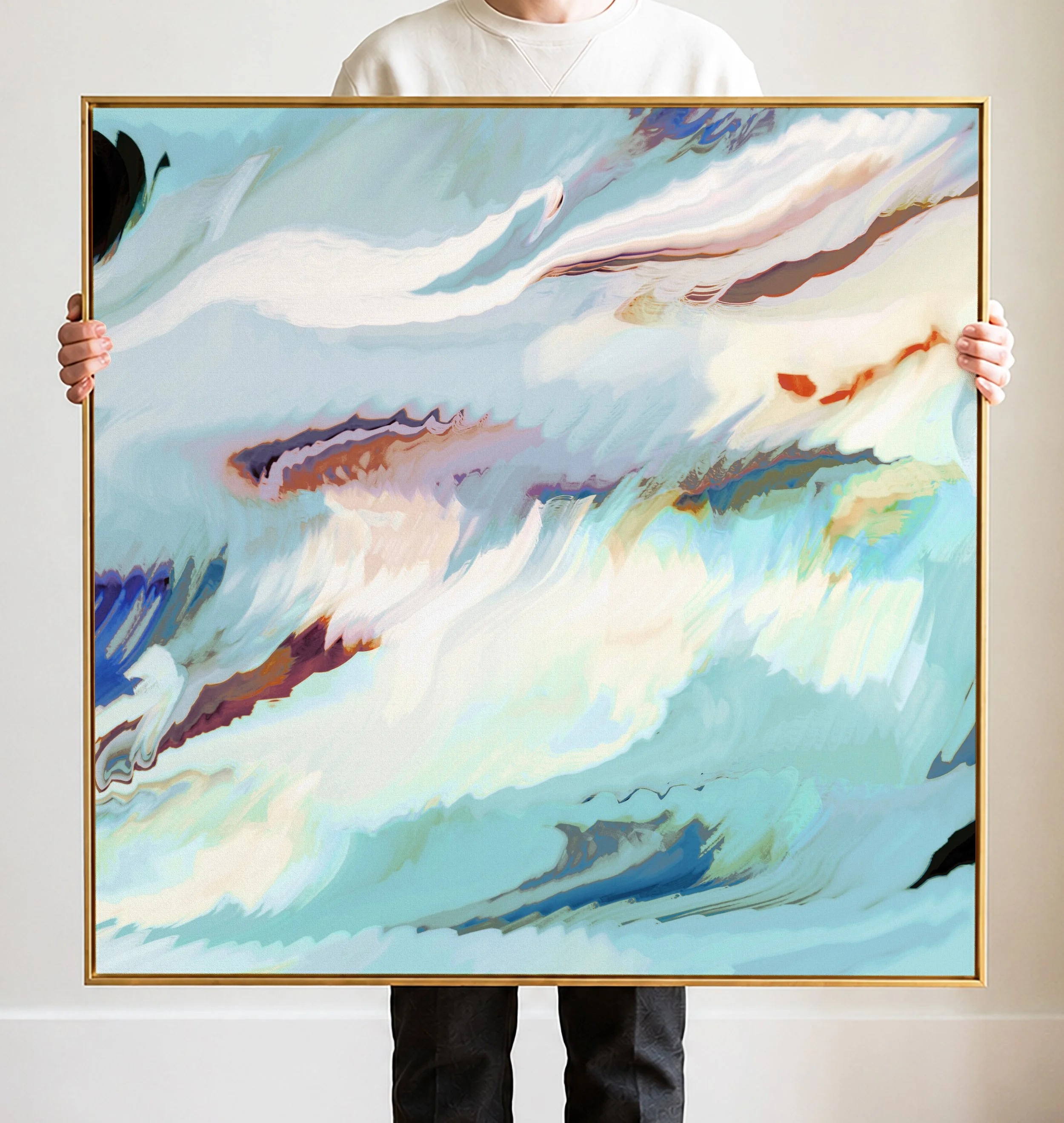 Abstract swirl of pastel colors including blues, whites, pinks, and browns in a fluid, wavy pattern.