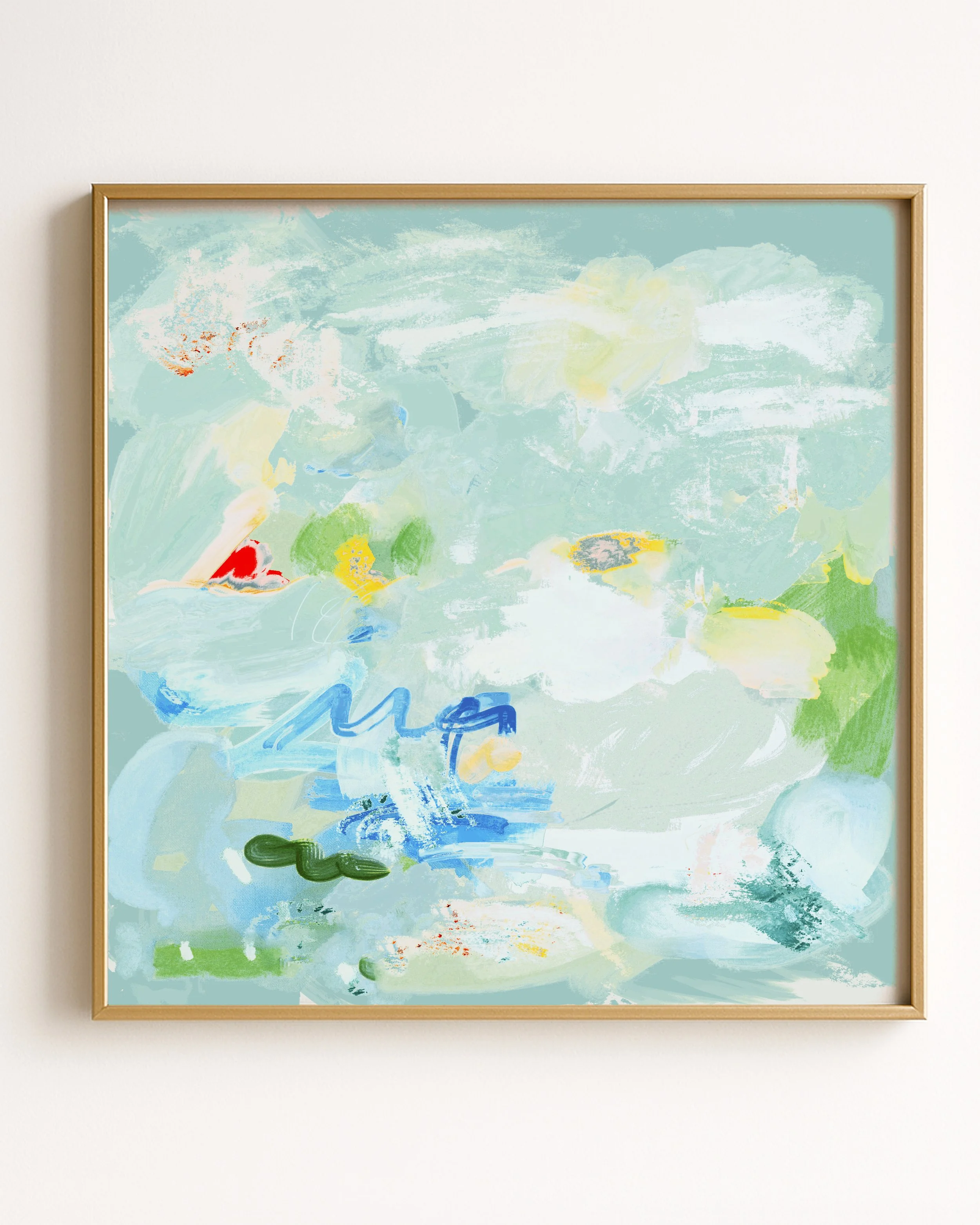 Abstract painting with light blue, green, white, yellow, red, and hints of darker colors, featuring brushstrokes and patches of color.