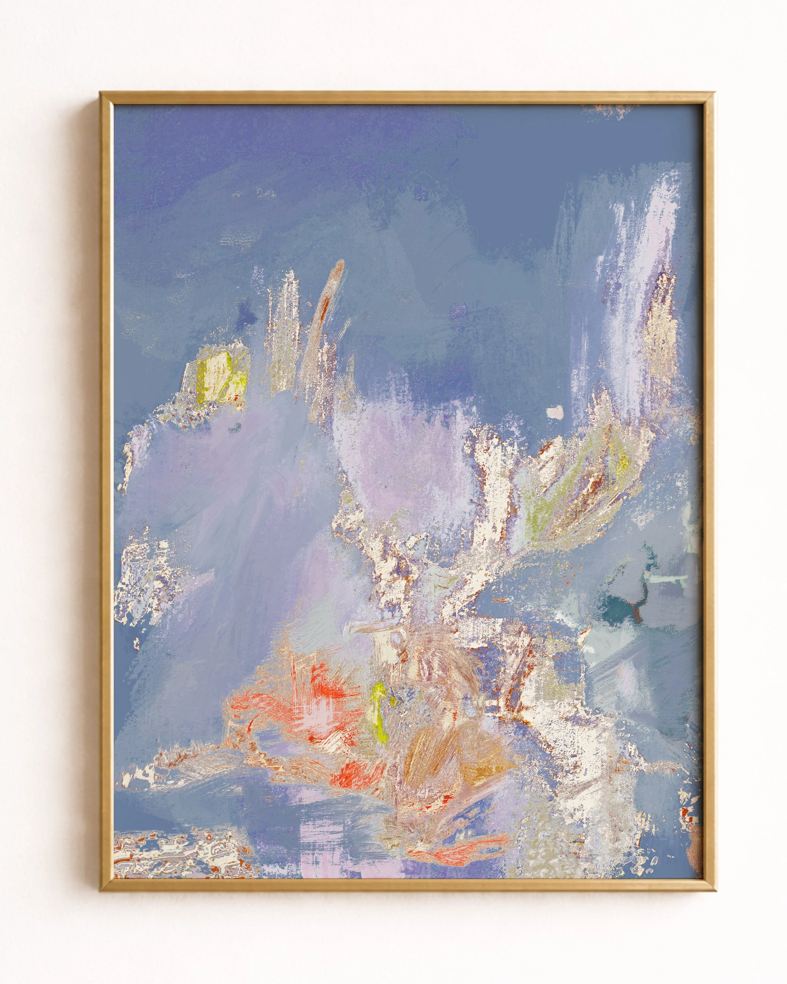 Abstract impressionist painting with pastel shades of blue, purple, yellow, and orange, depicting a blurry, indistinct scene.