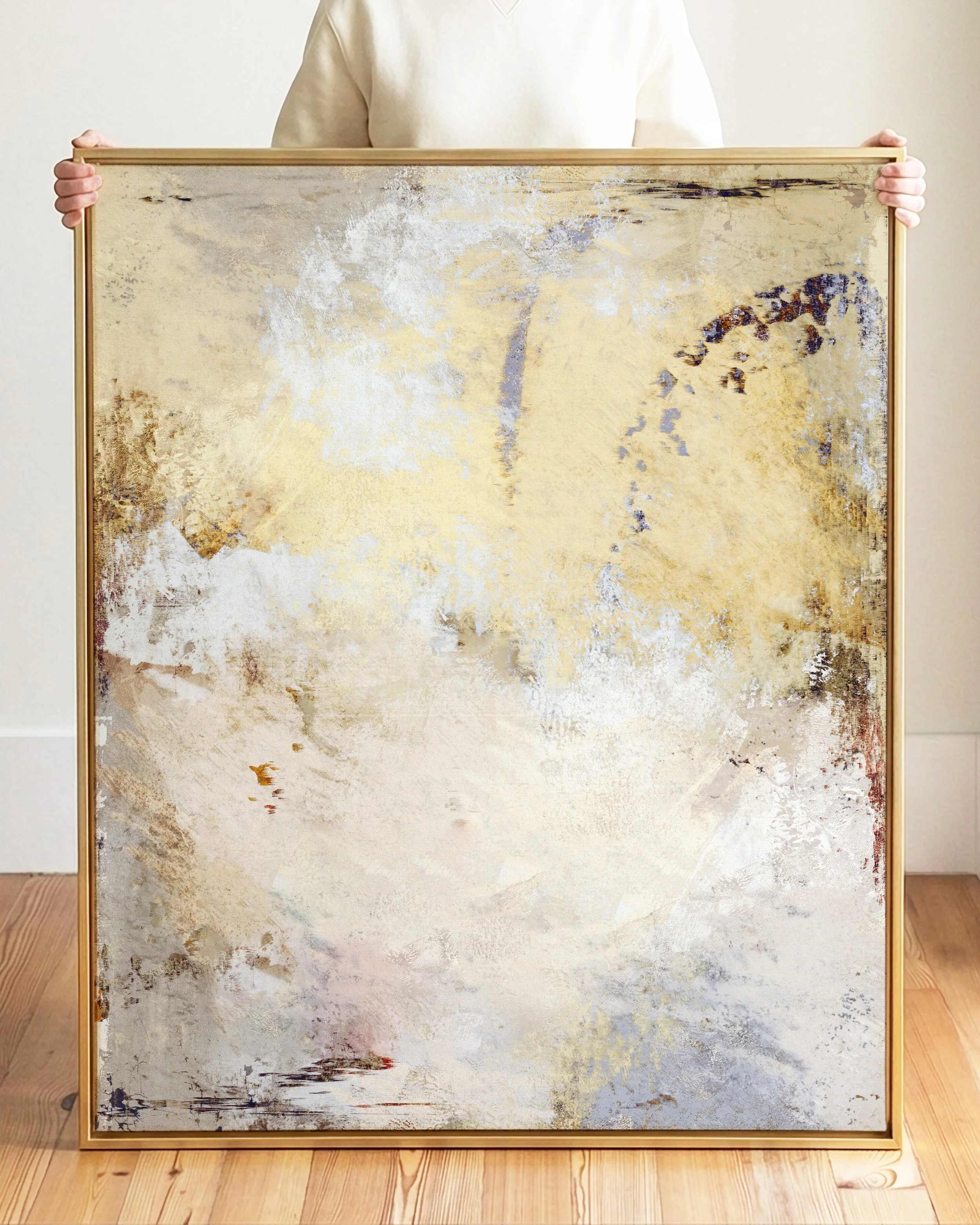 Abstract artistic painting with light beige, cream, and hints of yellow, brown, and purple colors.