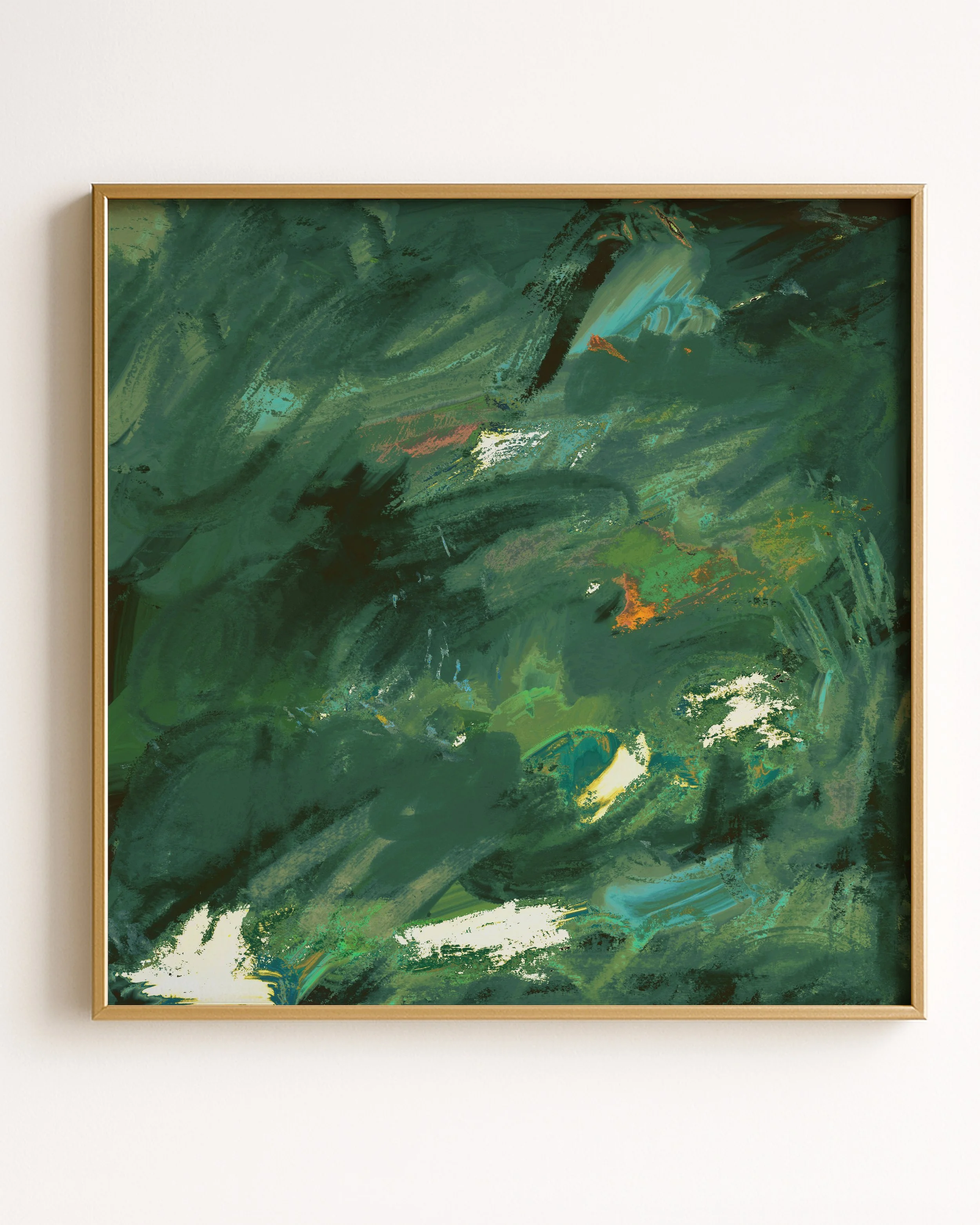 Abstract painting with swirling green, teal, and hints of orange and white brushstrokes.