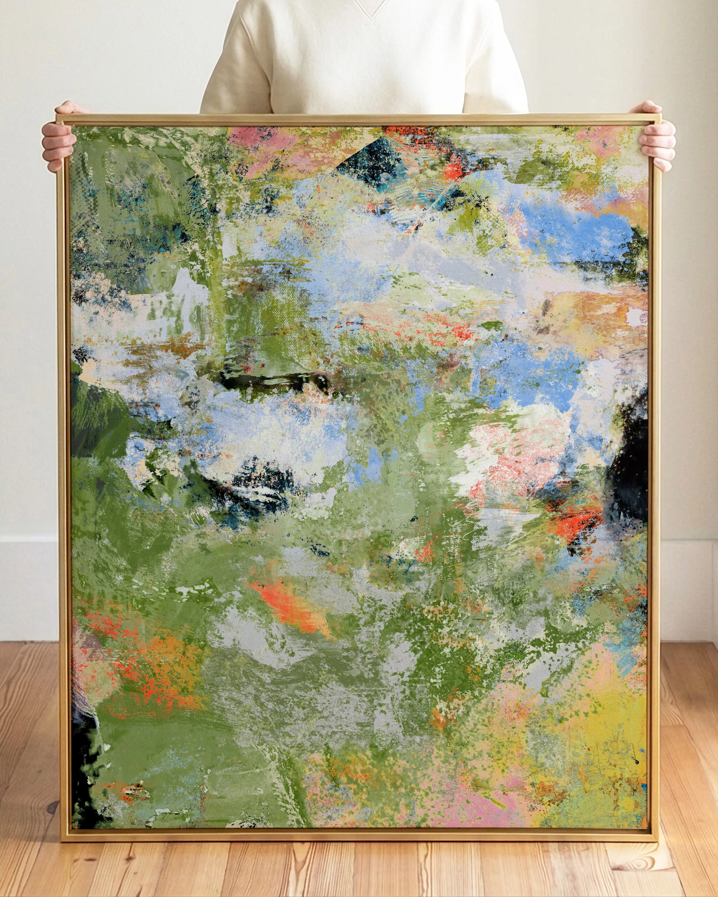 Abstract painting with green, orange, pink, white, and black brushstrokes.