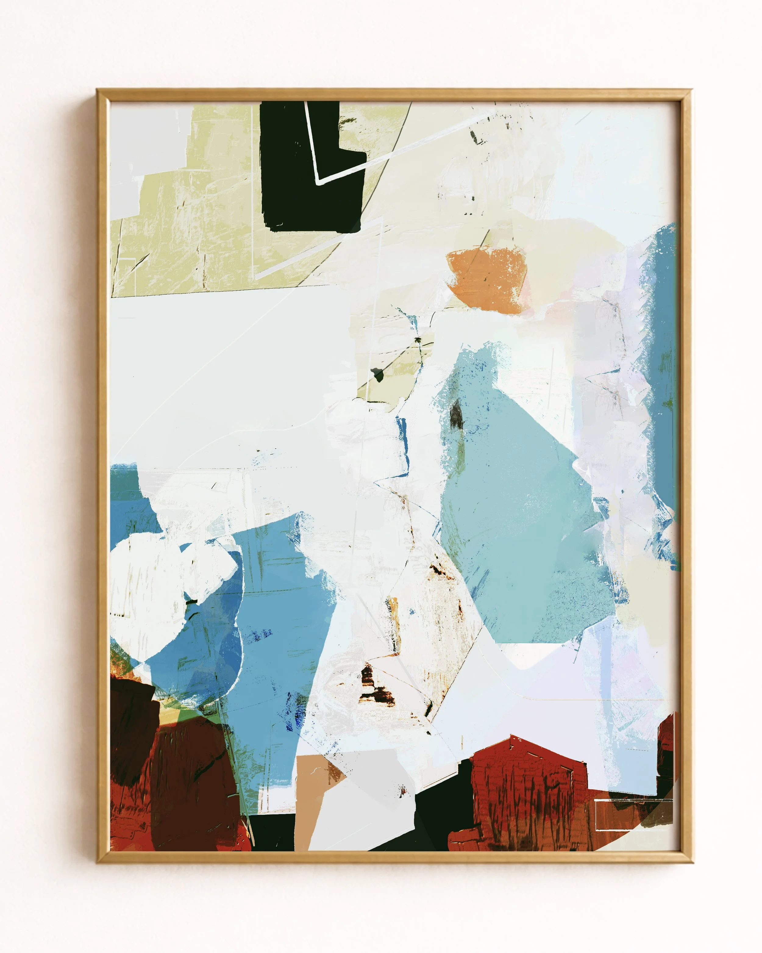 Abstract artwork with various geometric shapes and colors, including shades of blue, green, beige, white, red, and black.