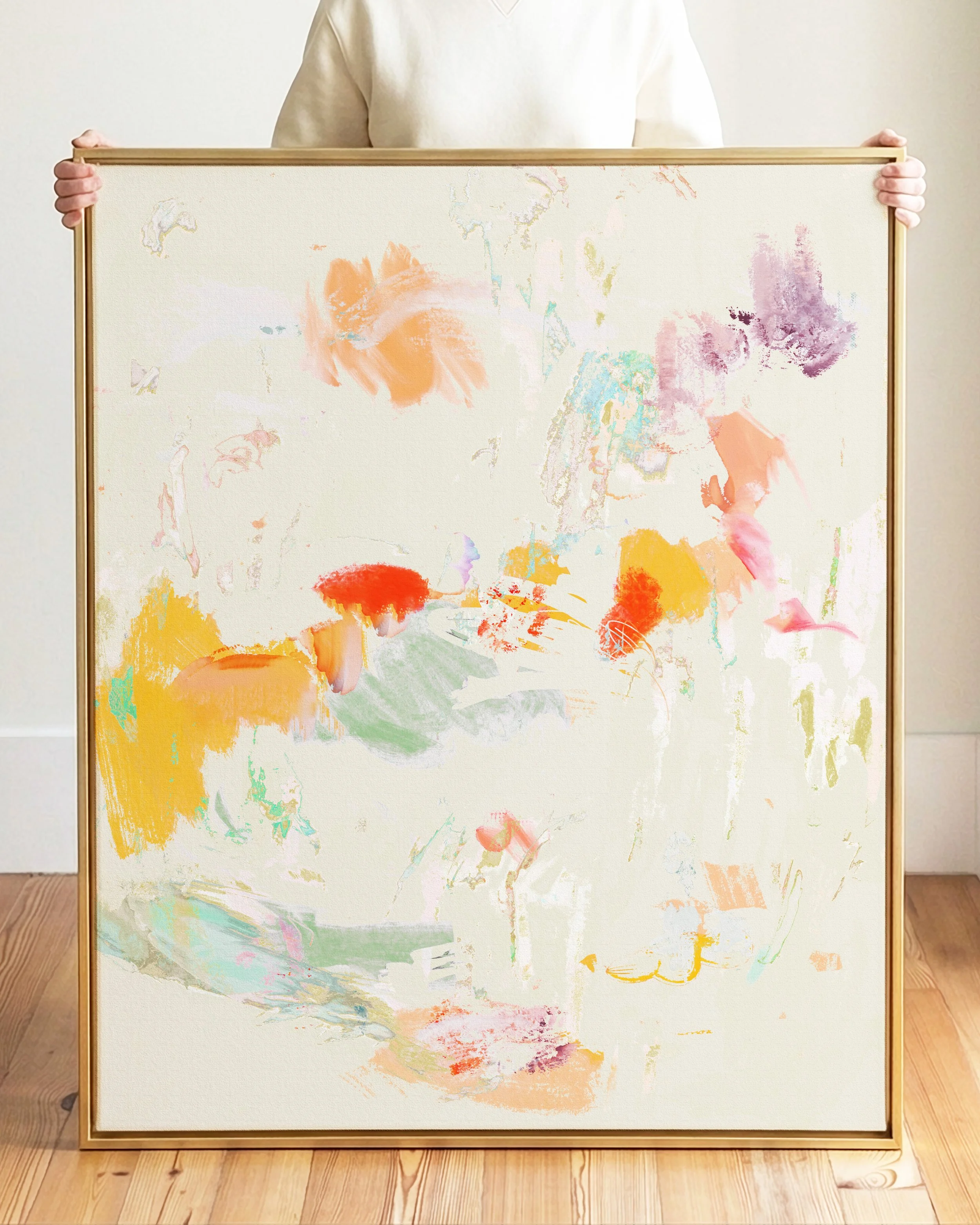 Abstract watercolor painting with pastel shades of pink, blue, yellow, orange, purple, and green on a light cream background.