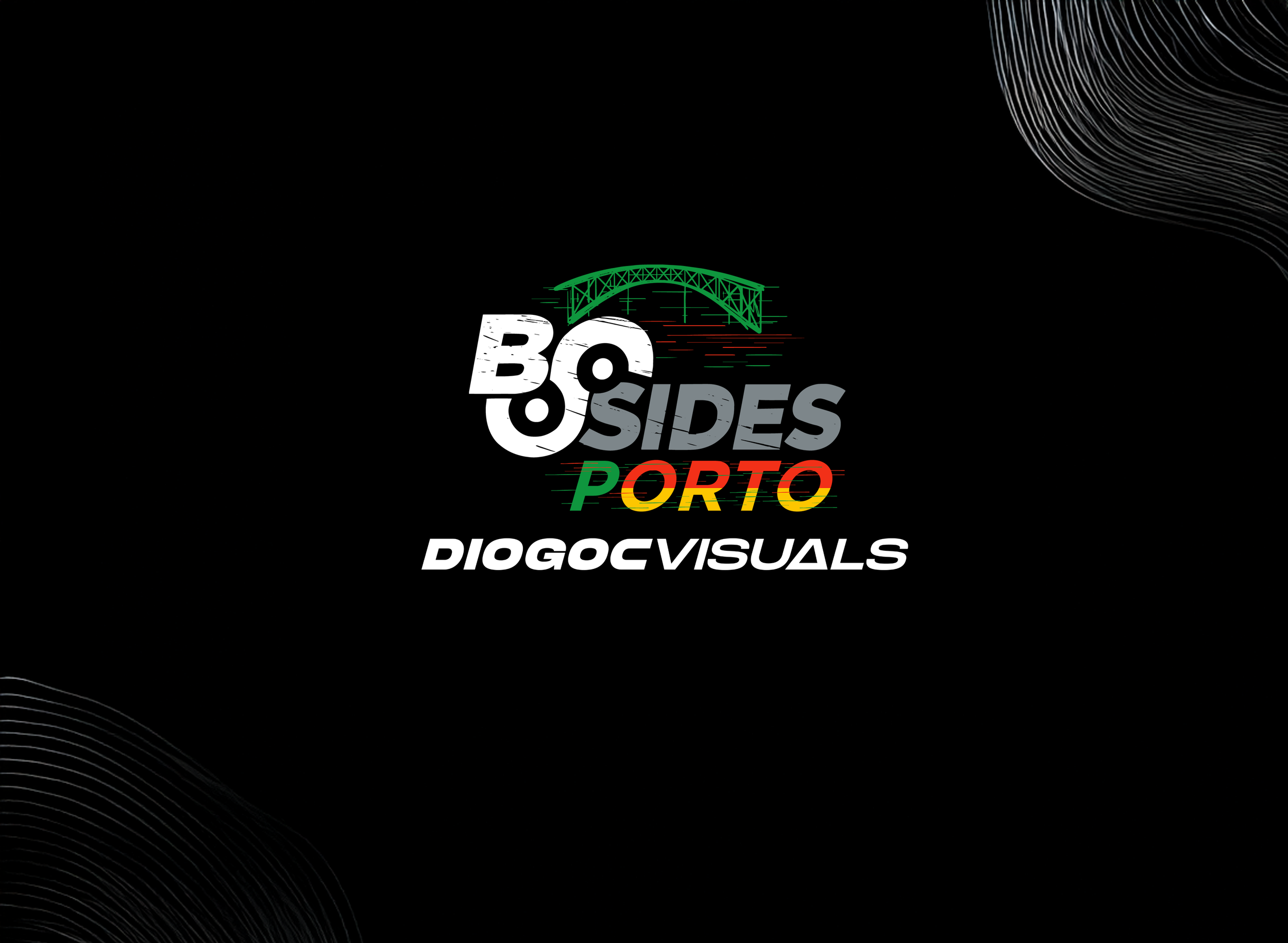 Logotipo com elementos de ponte e texto "BOSIDES PORTO" e "DIOGOC VISUALS" em fundo preto.