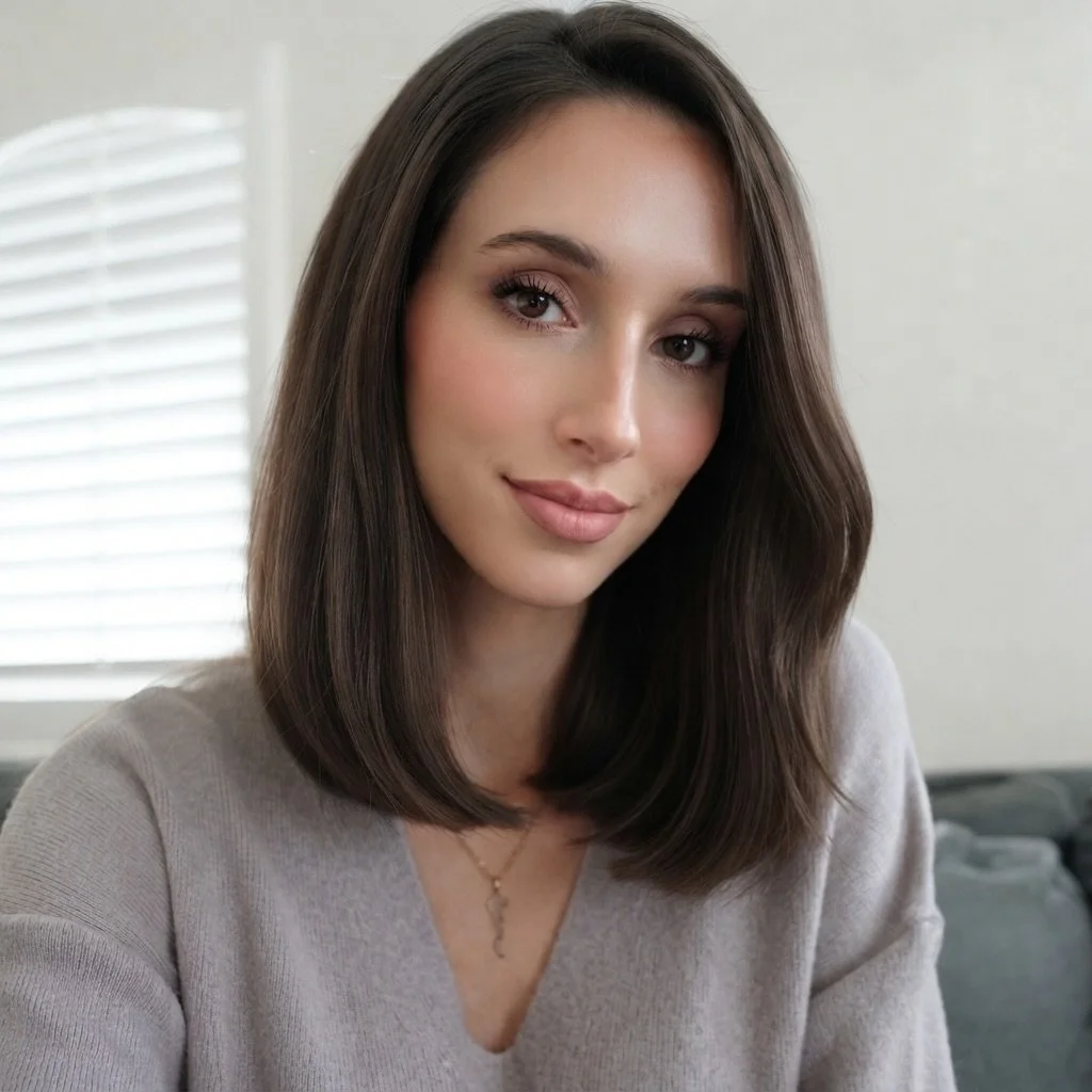 A woman with medium-length brown hair tied back, wearing a gray button-up shirt, smiling softly, standing against a plain light-colored background.