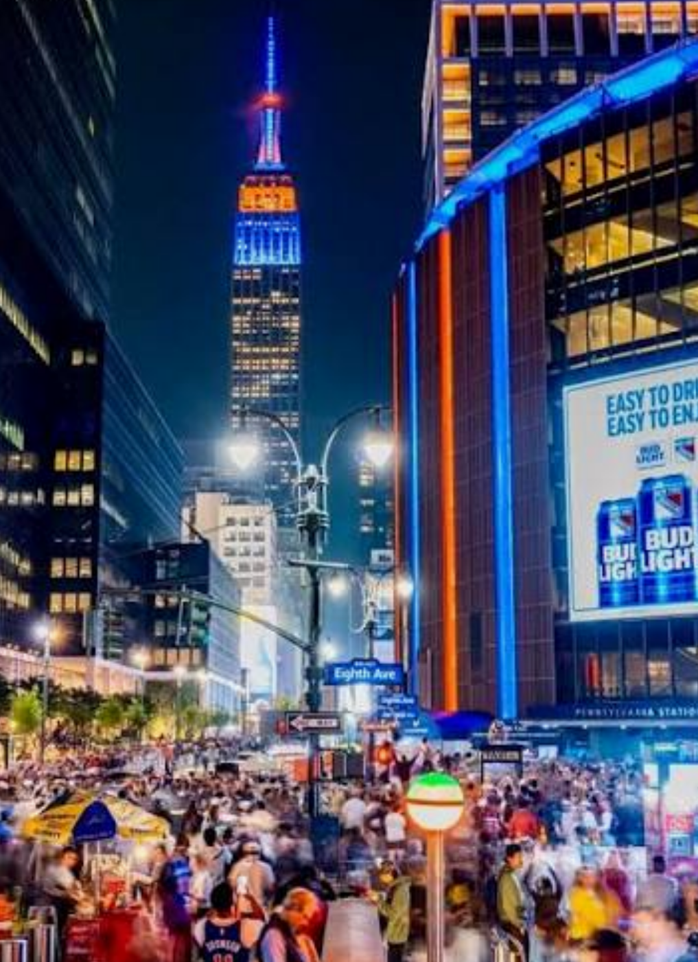 Madison Square Garden and Empire State Building with Knicks colors during the nba finals