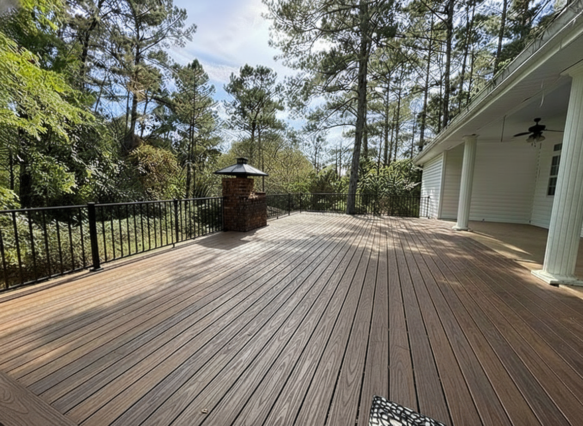 A spacious outdoor wooden deck with a black metal railing, surrounded by trees, attached to a white house with columns, a ceiling fan, and a brick chimney with a metal cap.