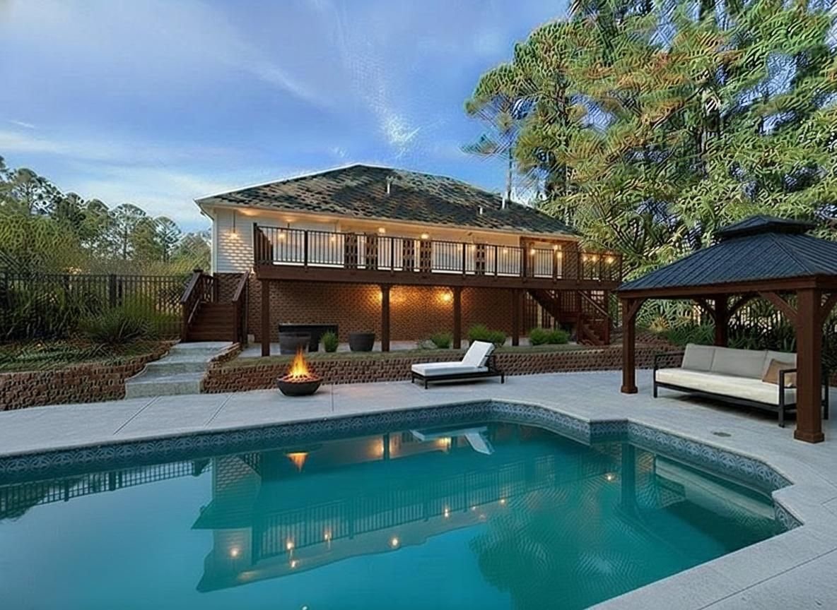 A backyard with a swimming pool, a fire pit, lounge chairs, and a house with a second-floor balcony at sunset.
