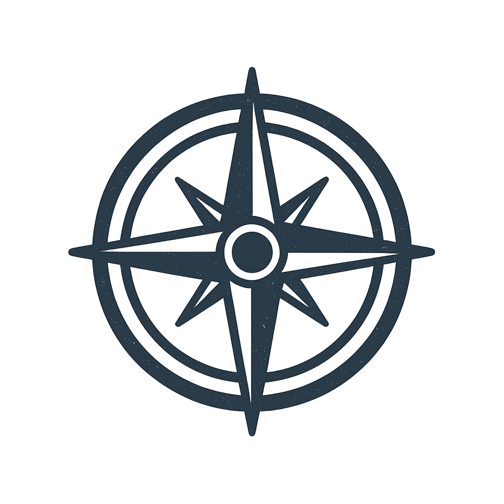 A dark blue compass rose symbol against a black background.