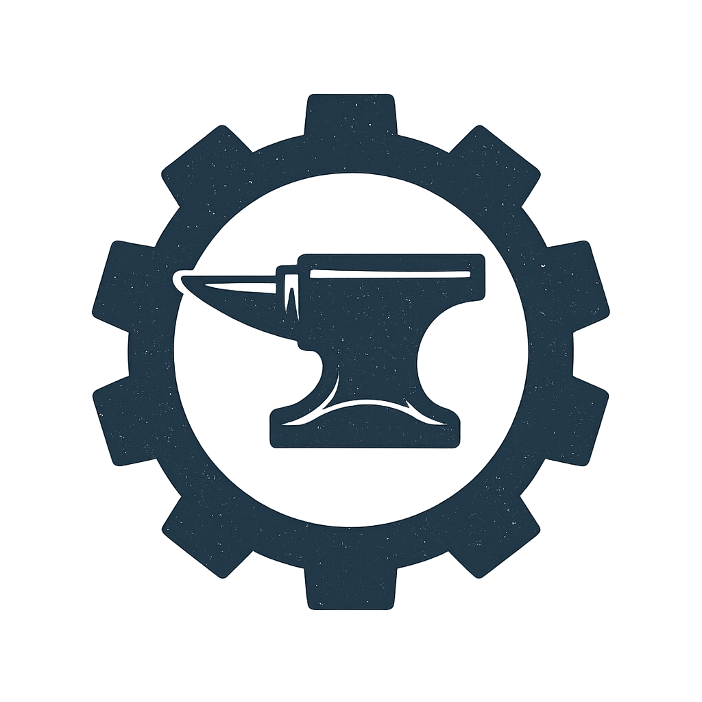 A gear encircling a craft anvil with a chisel, representing mechanical or craftsmanship work.