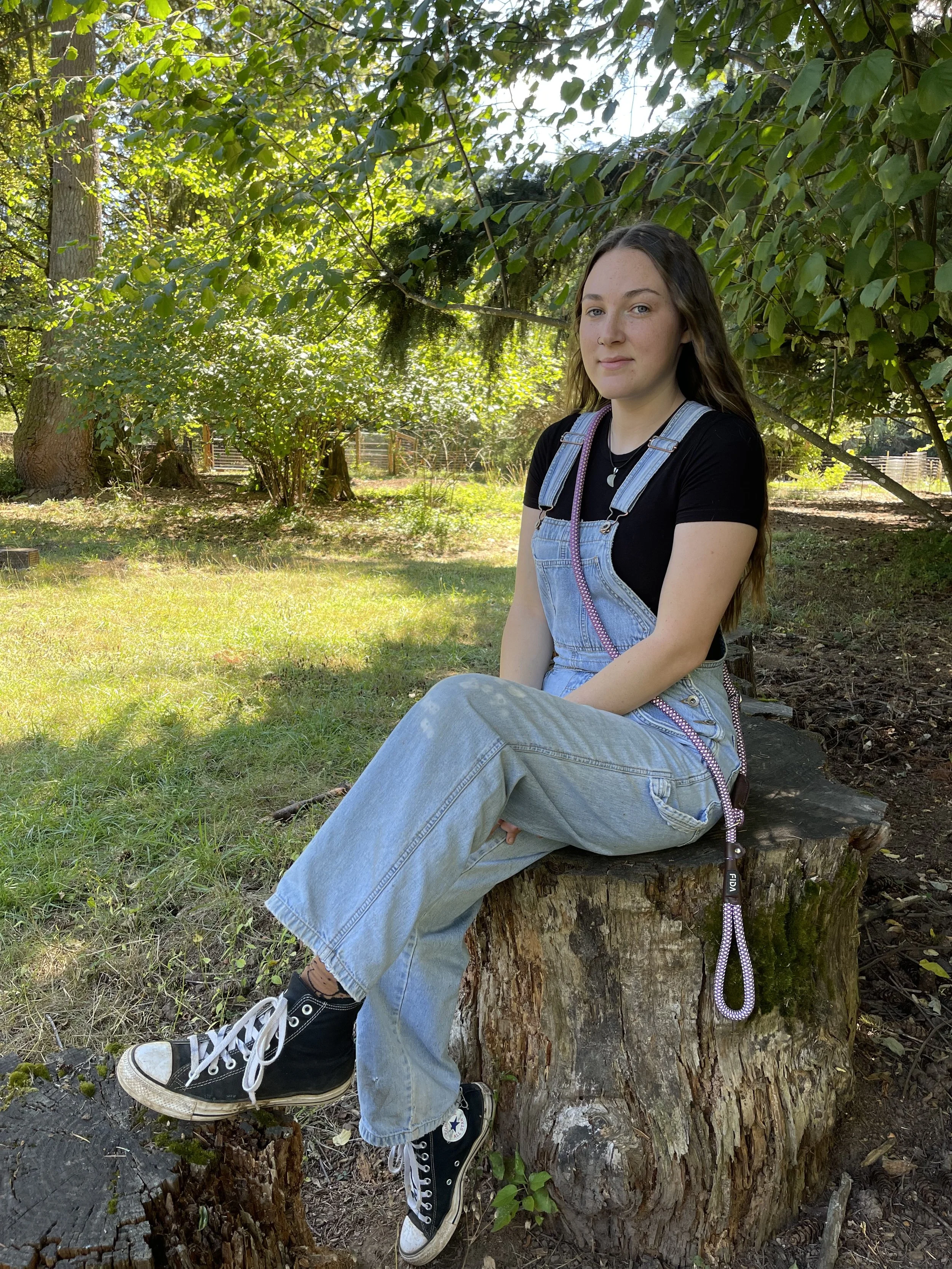 A young woman with long brown hair sitting on a large tree stump outdoors, surrounded by green trees and grass during daytime. She is wearing a black t-shirt, light blue denim overalls, and black Converse sneakers with white laces.