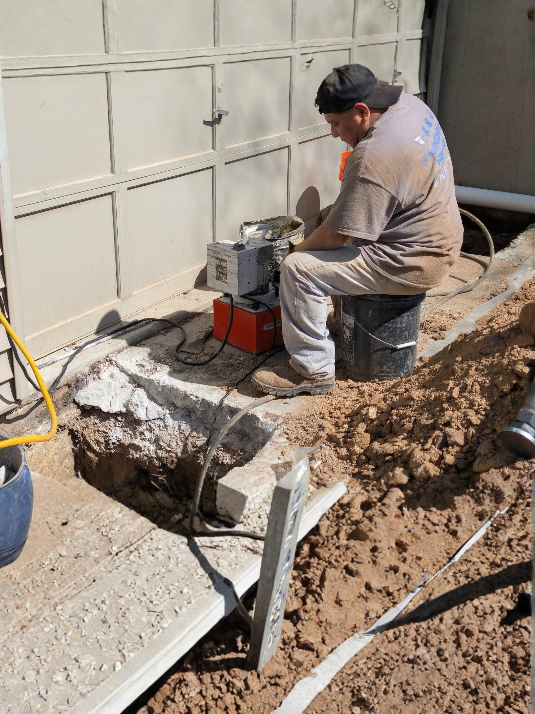 A construction worker in a gray t-shirt and cap is sitting on a black bucket, using a power tool on a concrete block outside a building with a garage door. There are exposed dirt and construction materials around him.