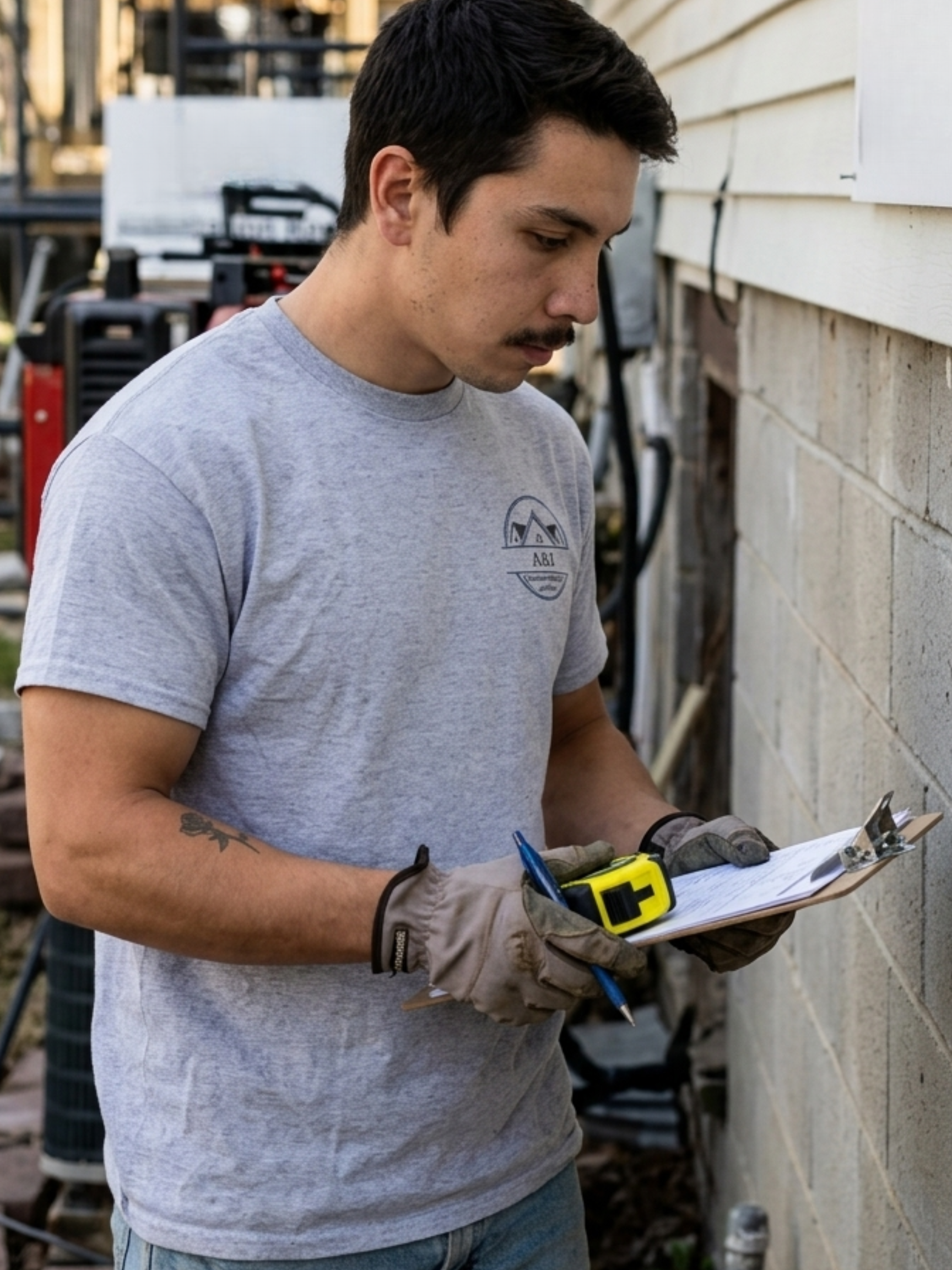 A man wearing a gray T-shirt and work gloves is writing on a clipboard outdoors next to a light-colored brick wall.