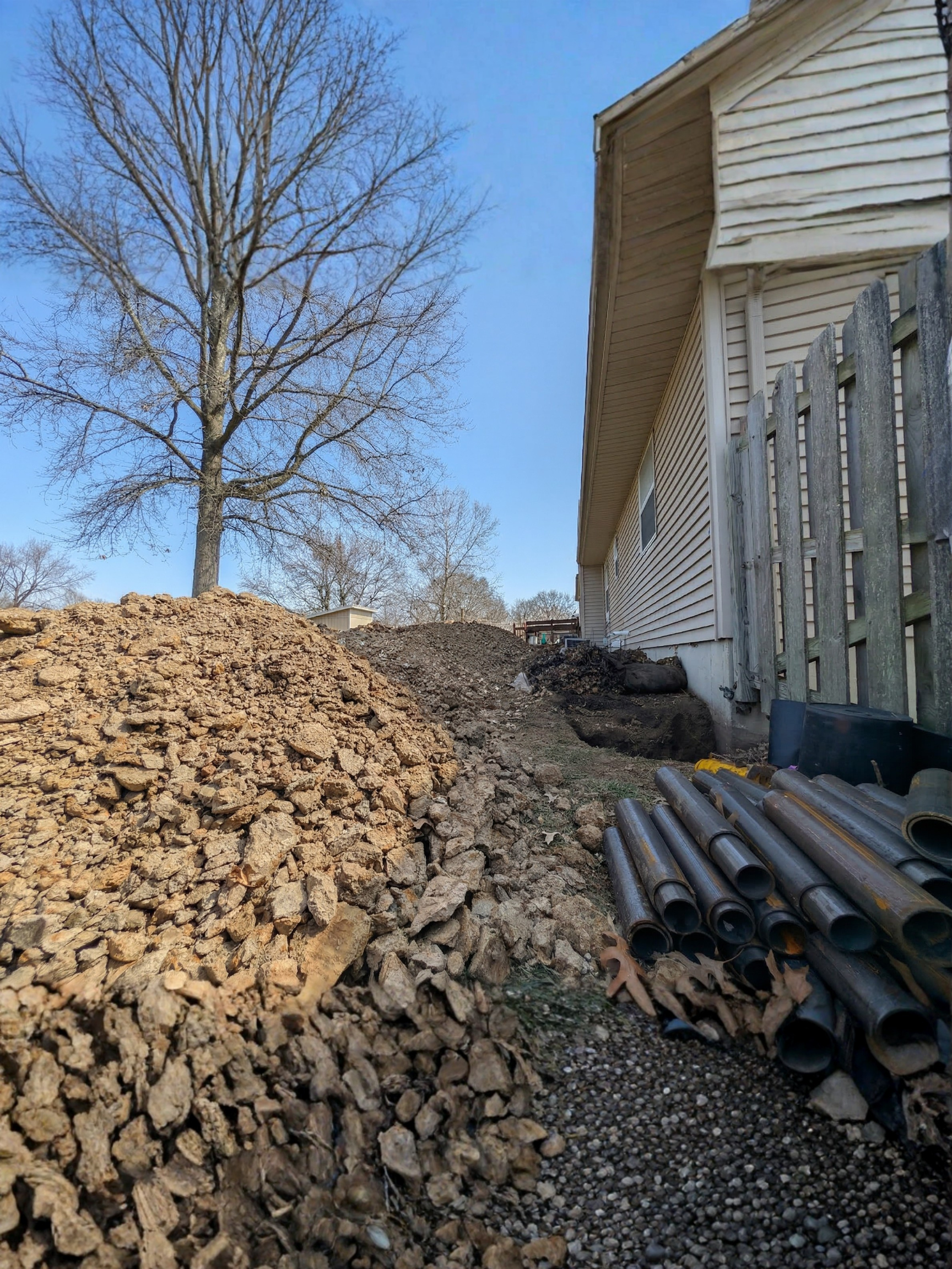 Construction site next to a house with dirt piles, metal pipes, and a wooden fence, with a large leafless tree and blue sky in the background.