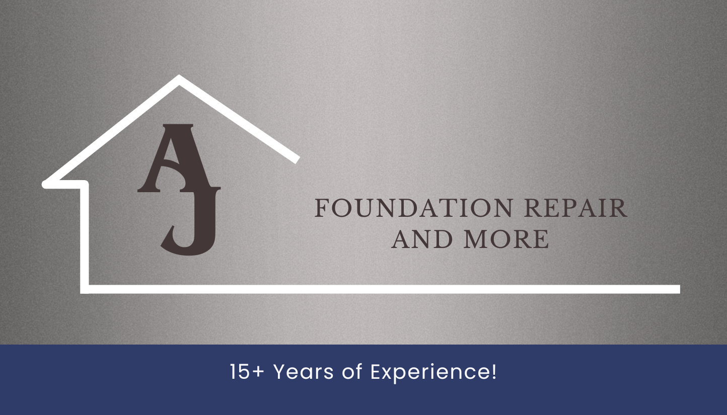 Logo featuring a house outline with the letters AJ inside, accompanied by text that reads 'Foundation Repair and More', and a banner at the bottom stating '15+ Years of Experience!'
