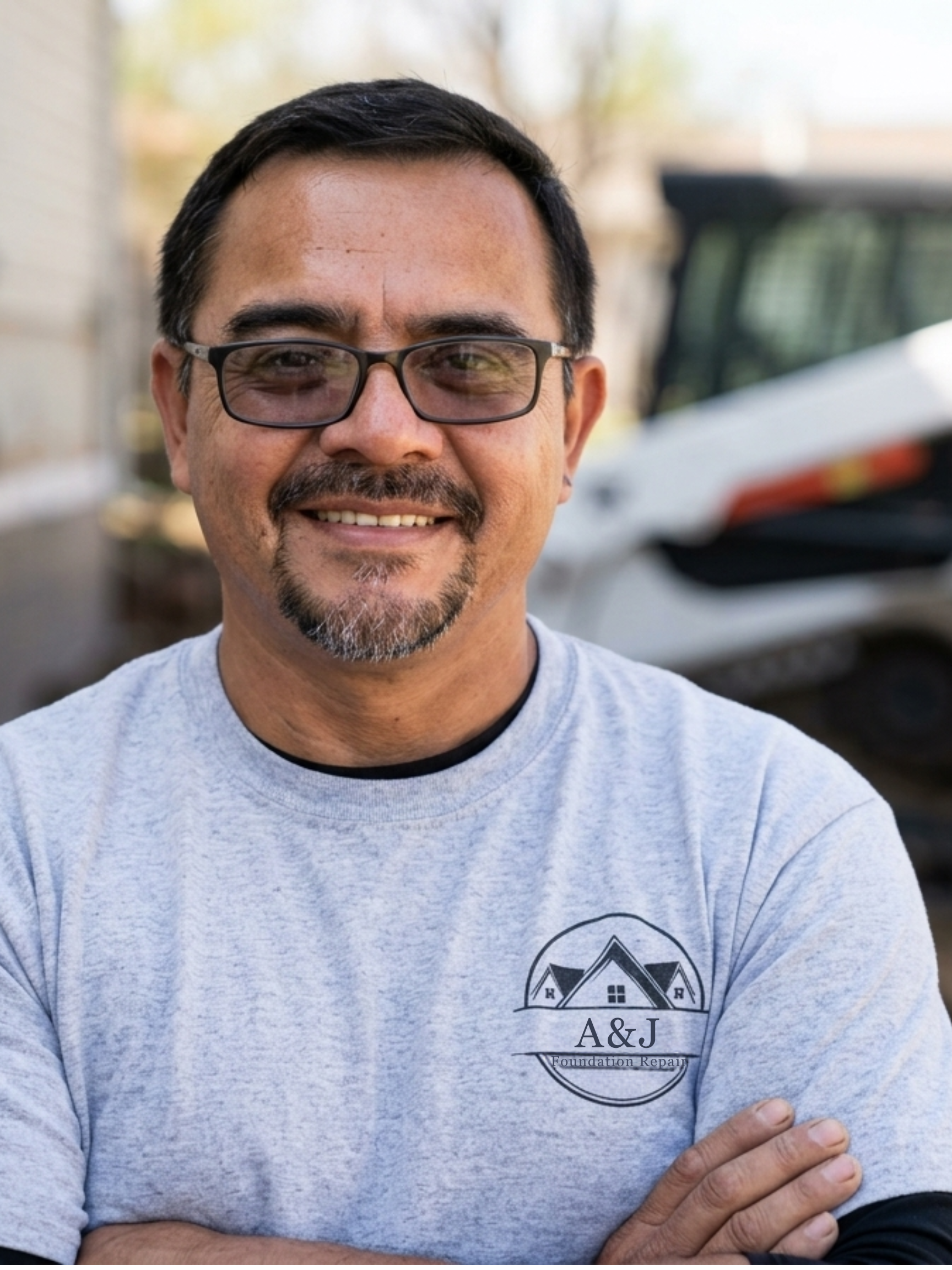 A smiling man with glasses and a goatee wearing a gray T-shirt with a logo for A&J Foundation Repair. He is standing outdoors with blurred trees and a vehicle in the background.