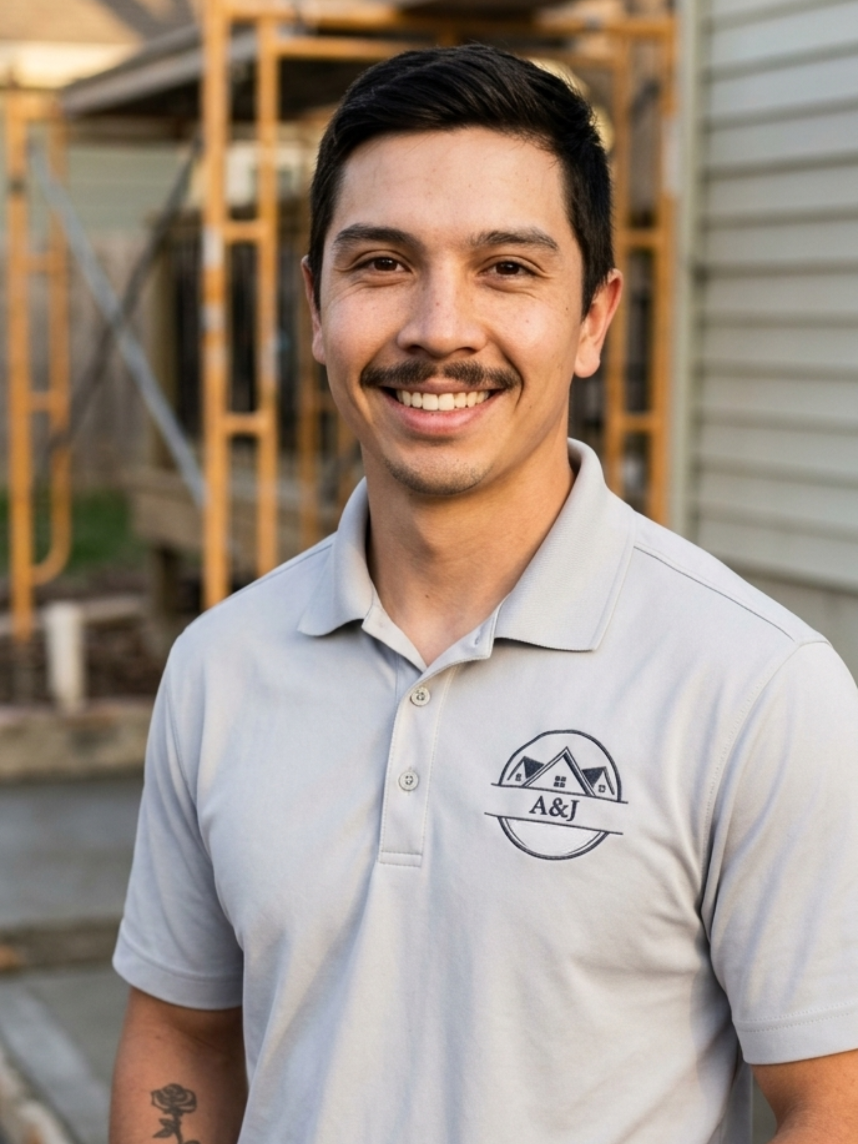 A smiling man wearing a light-colored polo shirt with a logo, standing outdoors with construction or scaffolding in the background.