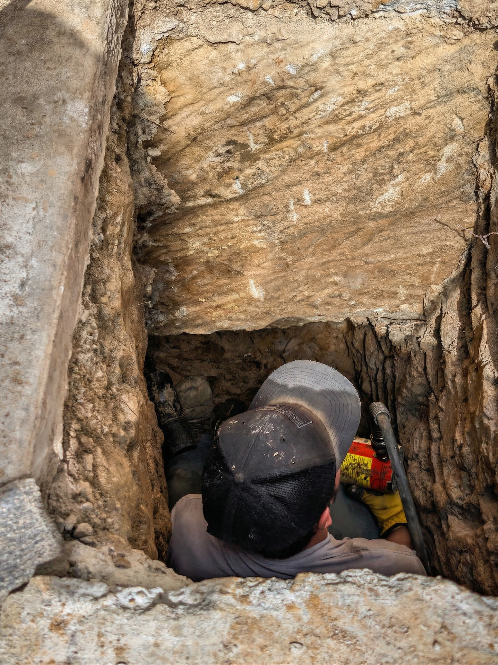Worker wearing a cap and gloves using a tool inside a narrow, rocky excavation trench.