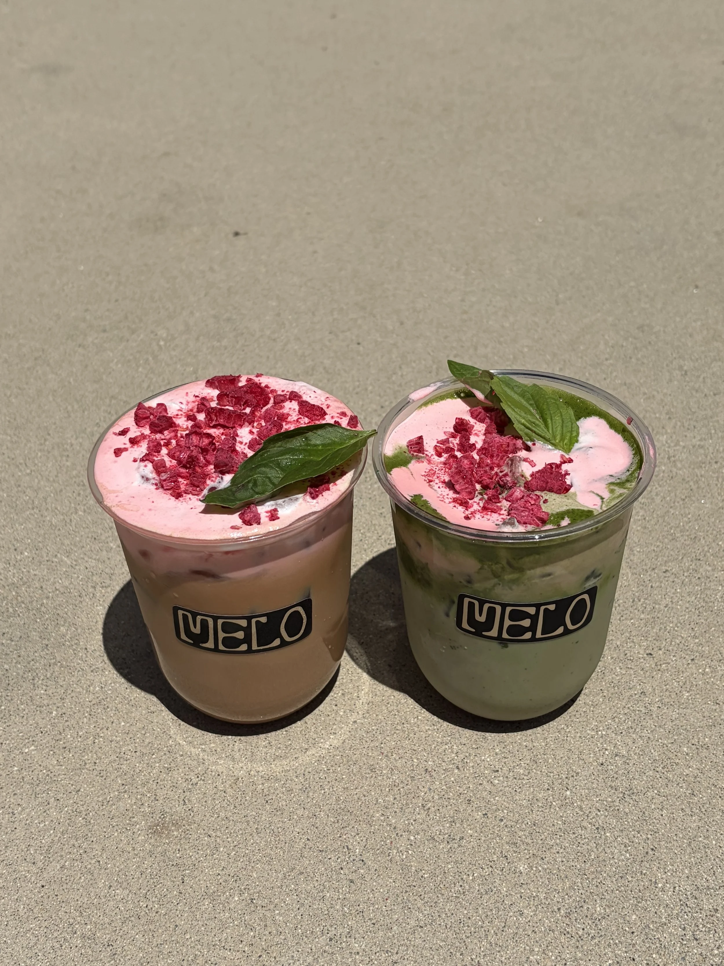 Raspberry basil latte and matcha with cold foam