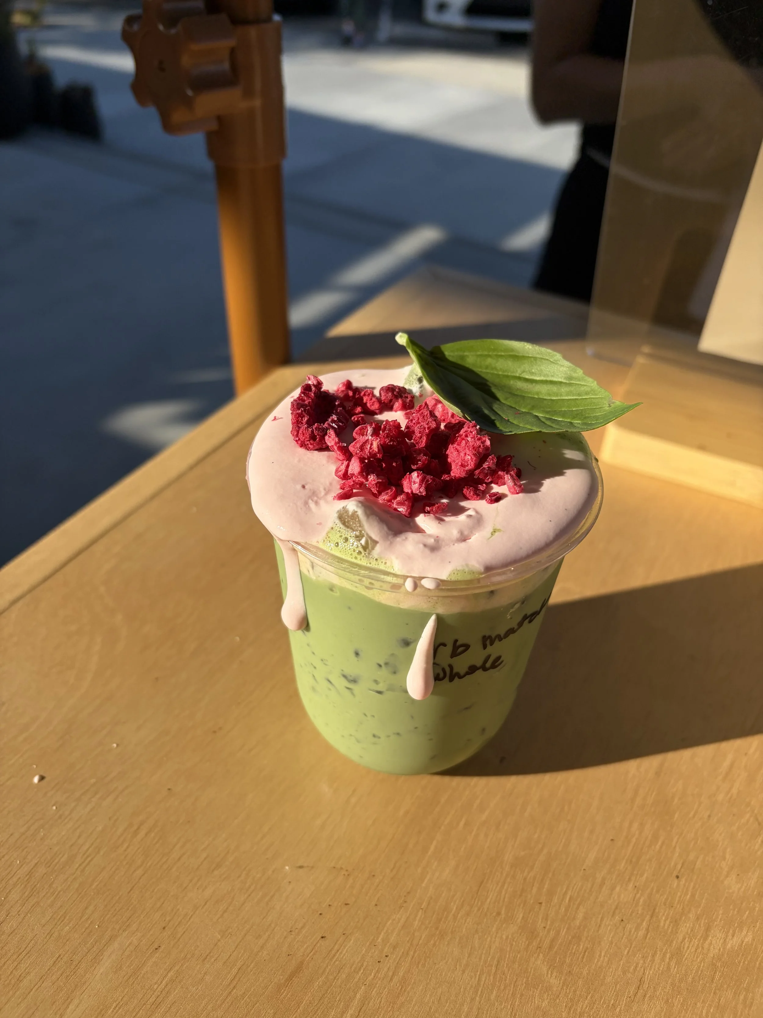 Raspberry basil latte with cold foam 