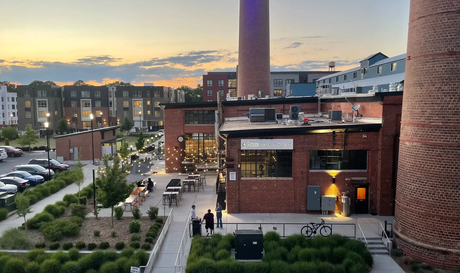 The historic Power House building and outdoor patio at The UC