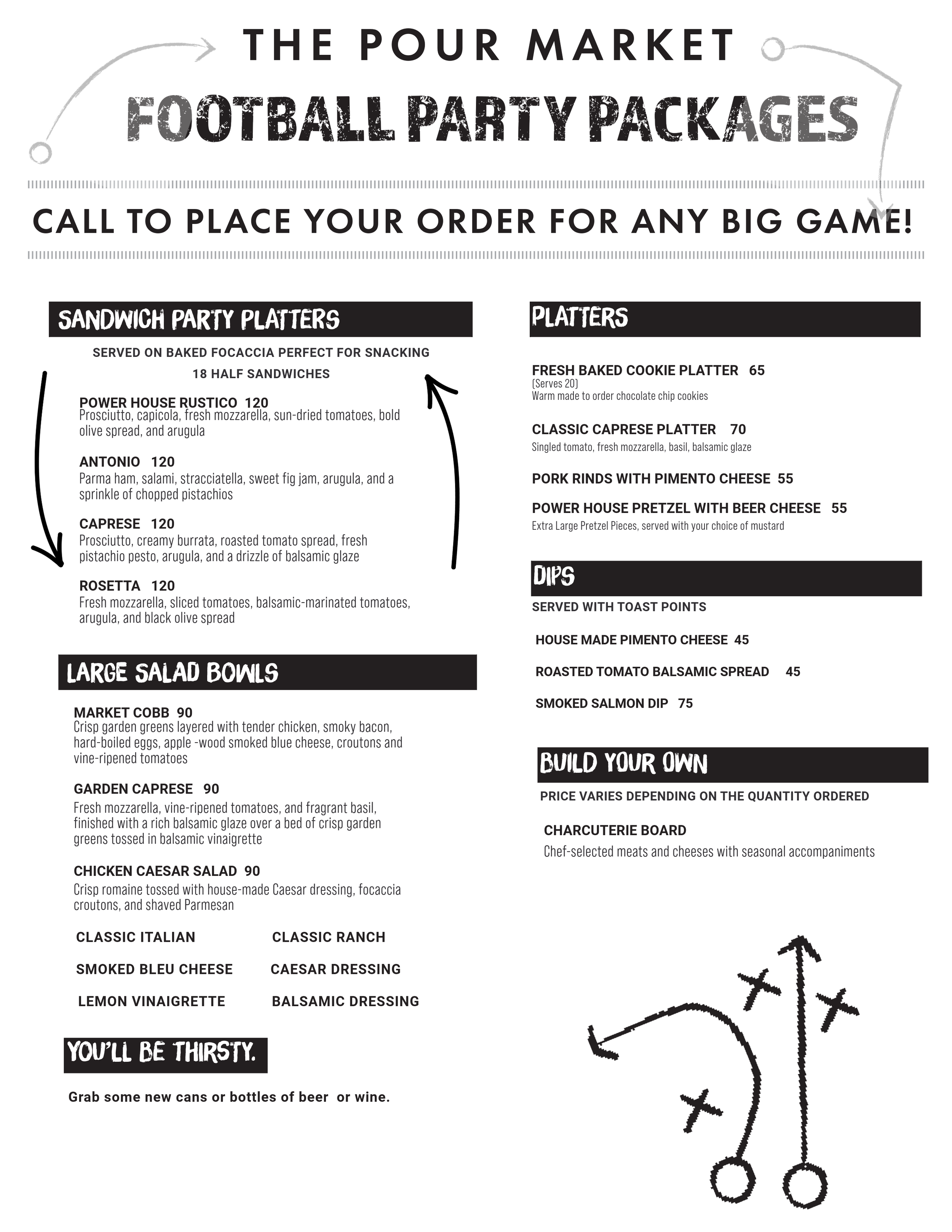 Menu listing football party packages including sandwich platters, large salad bowls, platters, dips, and build your own options with a decorative football diagram.