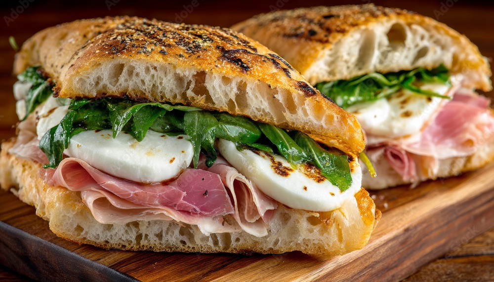 Italian sandwich on a wooden board with bread, prosciutto, mozzarella cheese, fresh basil, and olive oil.