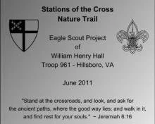 Document titled 'Stations of the Cross Nature Trail' from the Eagle Scout Project by William Henry Hall, Troop 961, Hillsboro, VA, June 2011. Includes a crest and a fleur-de-lis symbol, with a quote from Jeremiah 6:16 about seeking ancient paths.