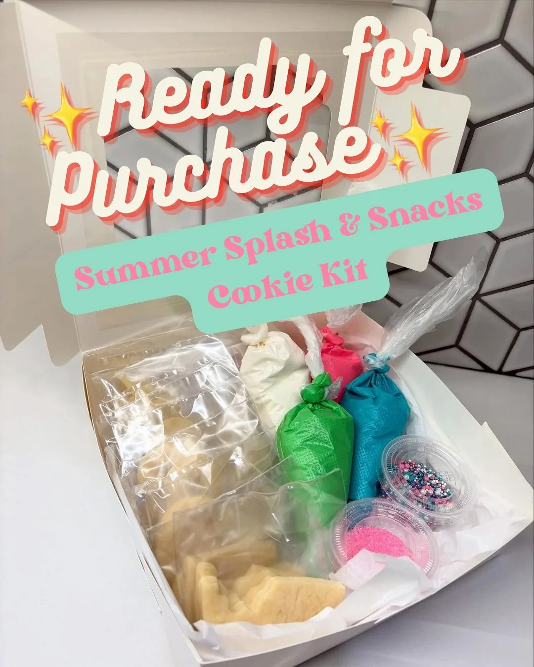 Cookie Kits are ready to be picked up for the Summer Splash &amp; Snack theme! FAQs

- Price is $30 per box
- 12 cookies total (3x of each design)
- 4 icing colors (White, Pink, Blue, Green)
- Sprinkles are included for that extra layer of ✨fun ✨ 
- 