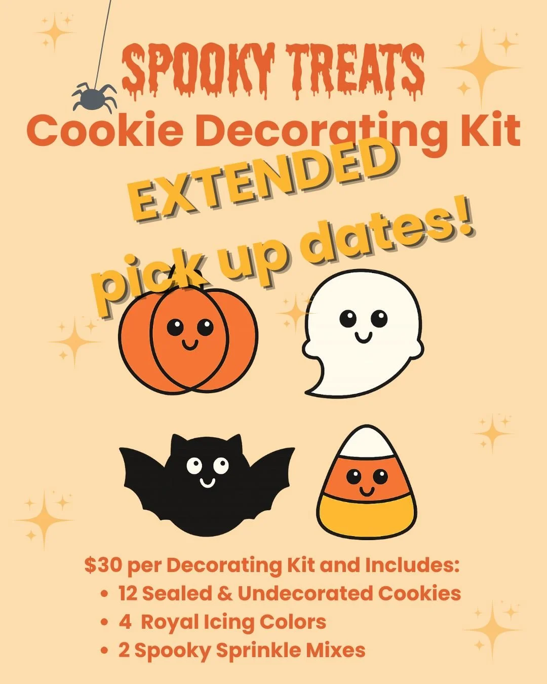 Good news, cookie lovers! 💛

I&rsquo;ll be in town a little longer this month, so I&rsquo;ve extended the pickup window for Spooky Treats cookie kits!

Updated info below! 
🎃 Price: $30 per kit
👻 Includes 12 sealed, undecorated cookies (3 of each 
