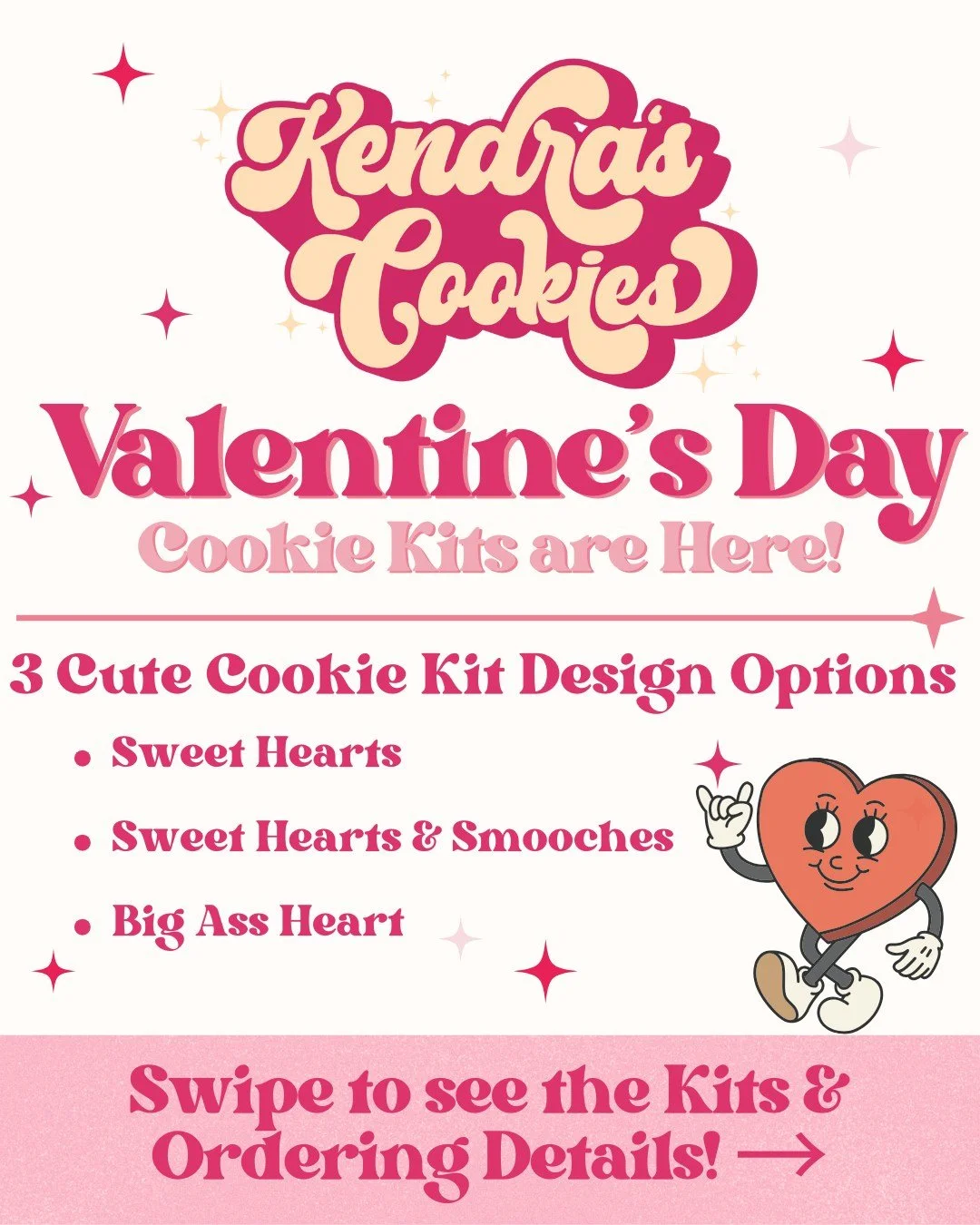 Valentine&rsquo;s Day cookie decorating kits are available for purchase! FAQs below

❤️ Sweet Hearts Kit ❤️ 
💘 Price: $30 per kit
💗 Includes:
&bull; 12 sealed &amp; undecorated cookies (4 different heart shapes)
&bull; 4 royal icing colors
&bull; 2