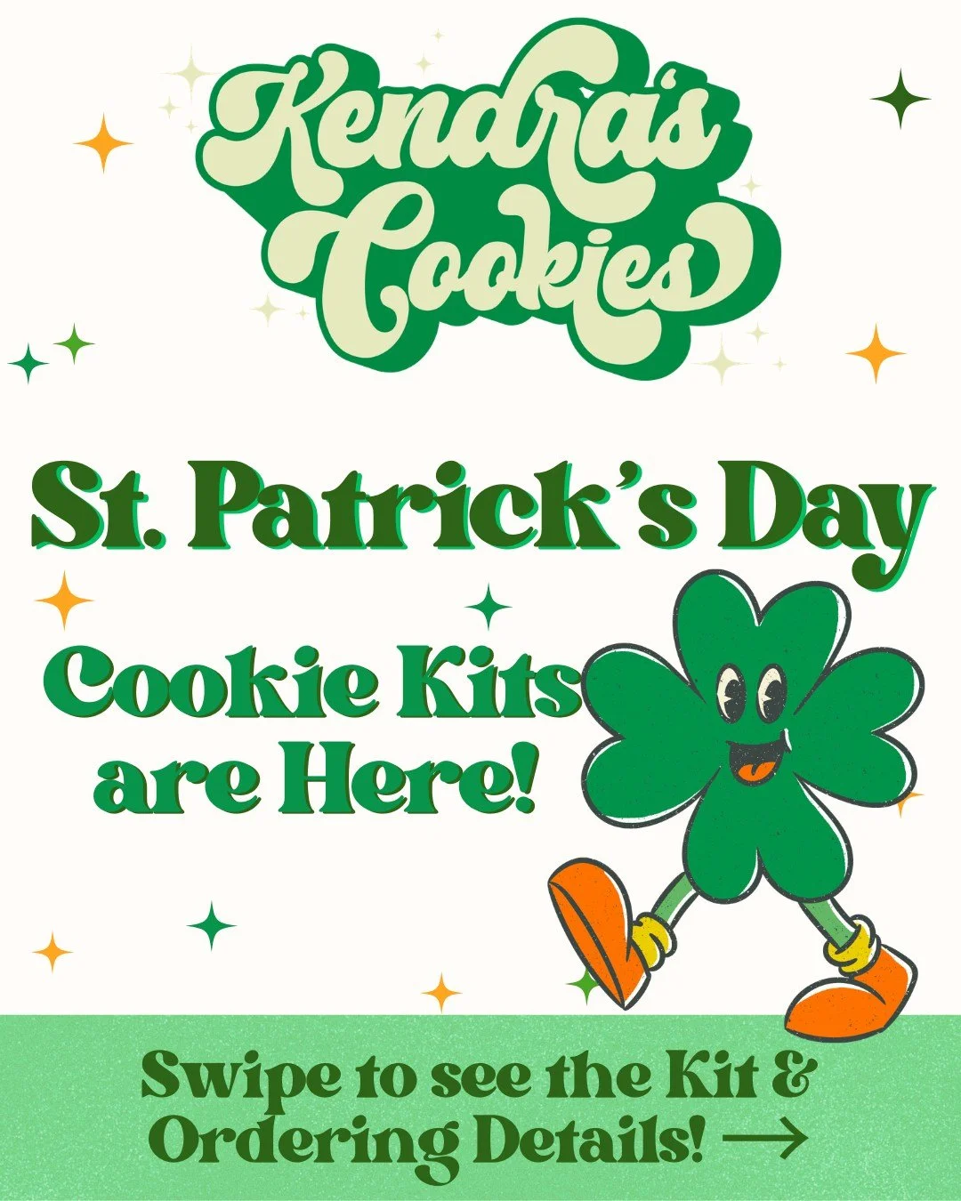 🌈✨ Get Your Lucky On with a St. Patrick&rsquo;s Day Cookie Kit! ✨🍀

St. Patrick&rsquo;s Day cookie decorating kits are officially available for purchase! FAQs below 👇

🍀 Price: $30 per kit
 🌈 Includes 12 sealed, undecorated cookies (Shamrocks, R