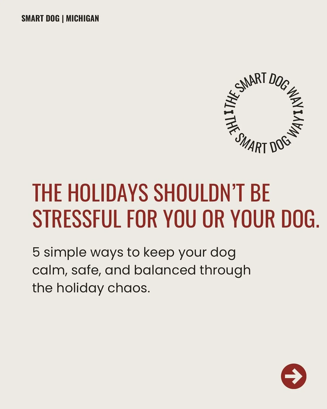 The holidays can be exciting, busy, and full of change and for dogs, that can be stressful.

At Smart Dog Obedience in Metamora, Michigan, we help dogs and owners navigate real-world situations with calm, structure, and confidence.

Whether you&rsquo