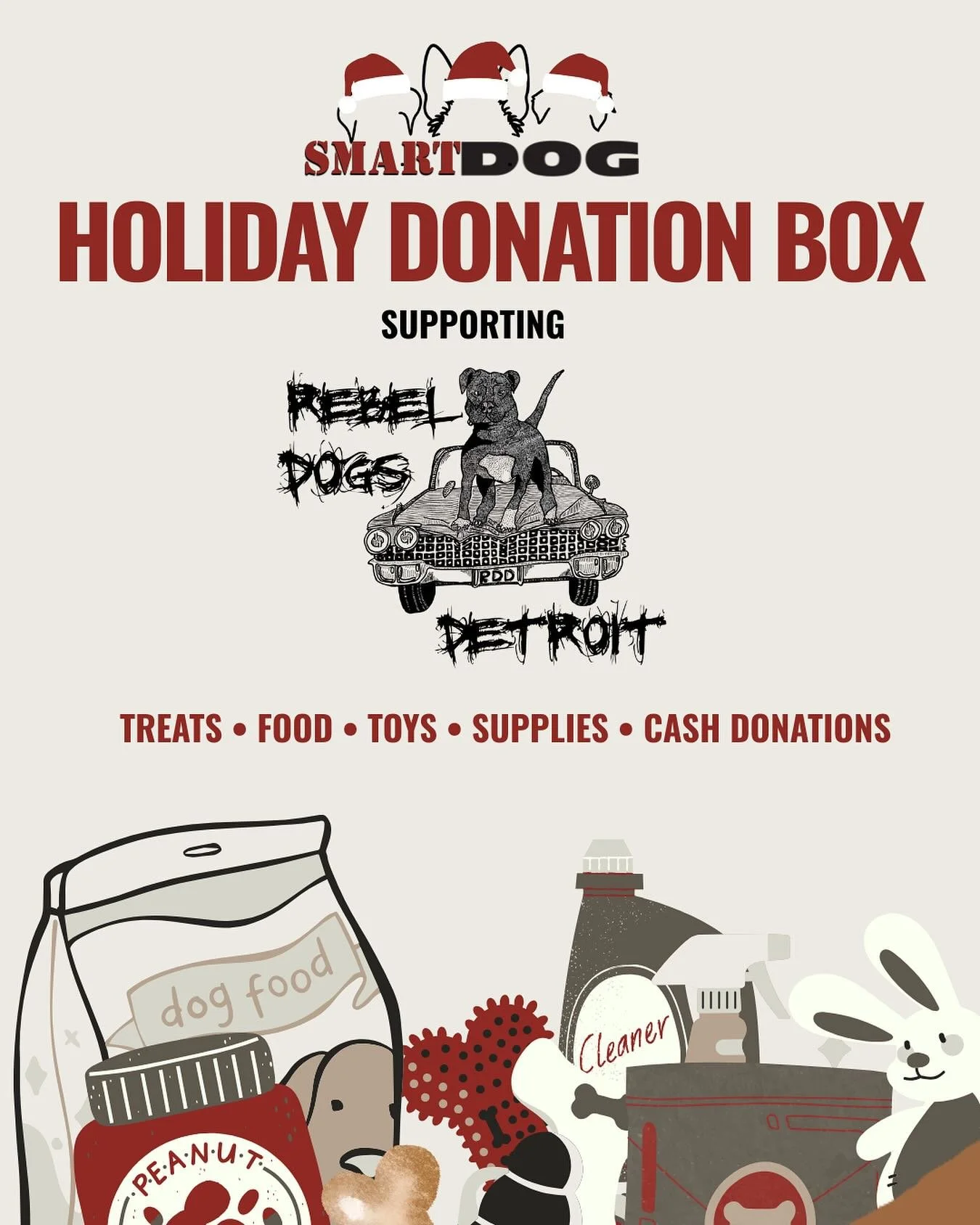 This holiday season, Smart Dog of Metamora is giving back and collecting donations for Rebel Dogs Detroit.

Rebel Dogs Detroit is a hands-on rescue working directly in the heart of the city. Their team responds to dogs in crisis, searches for stray a