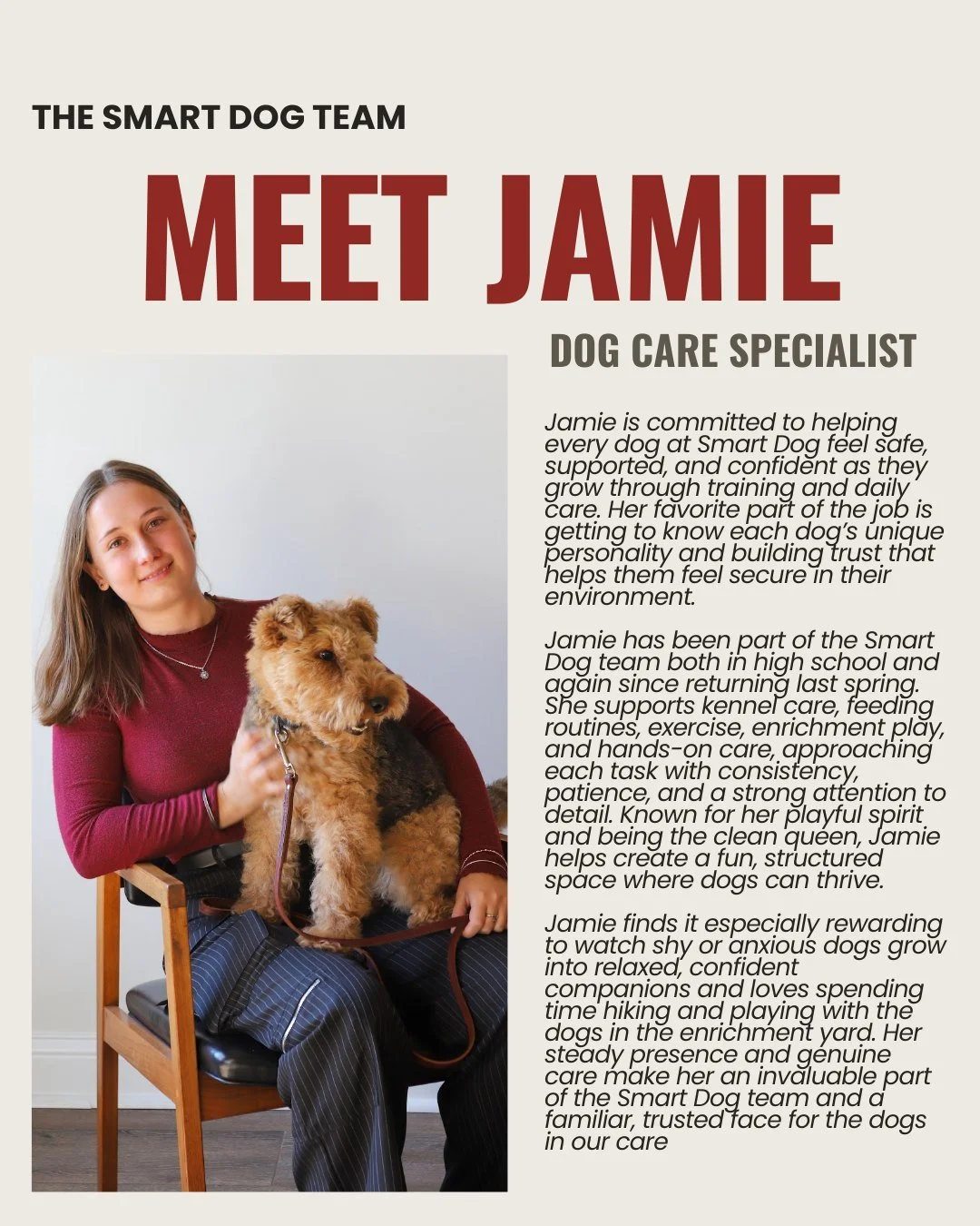 Meet Jamie, a Smart Dog Dog Care Specialist! 🐾
Jamie is an incredible part of our team and plays a huge role in making sure every dog in our care feels safe, engaged, and loved each day. Get to know her a little better below!

A few fun facts about 