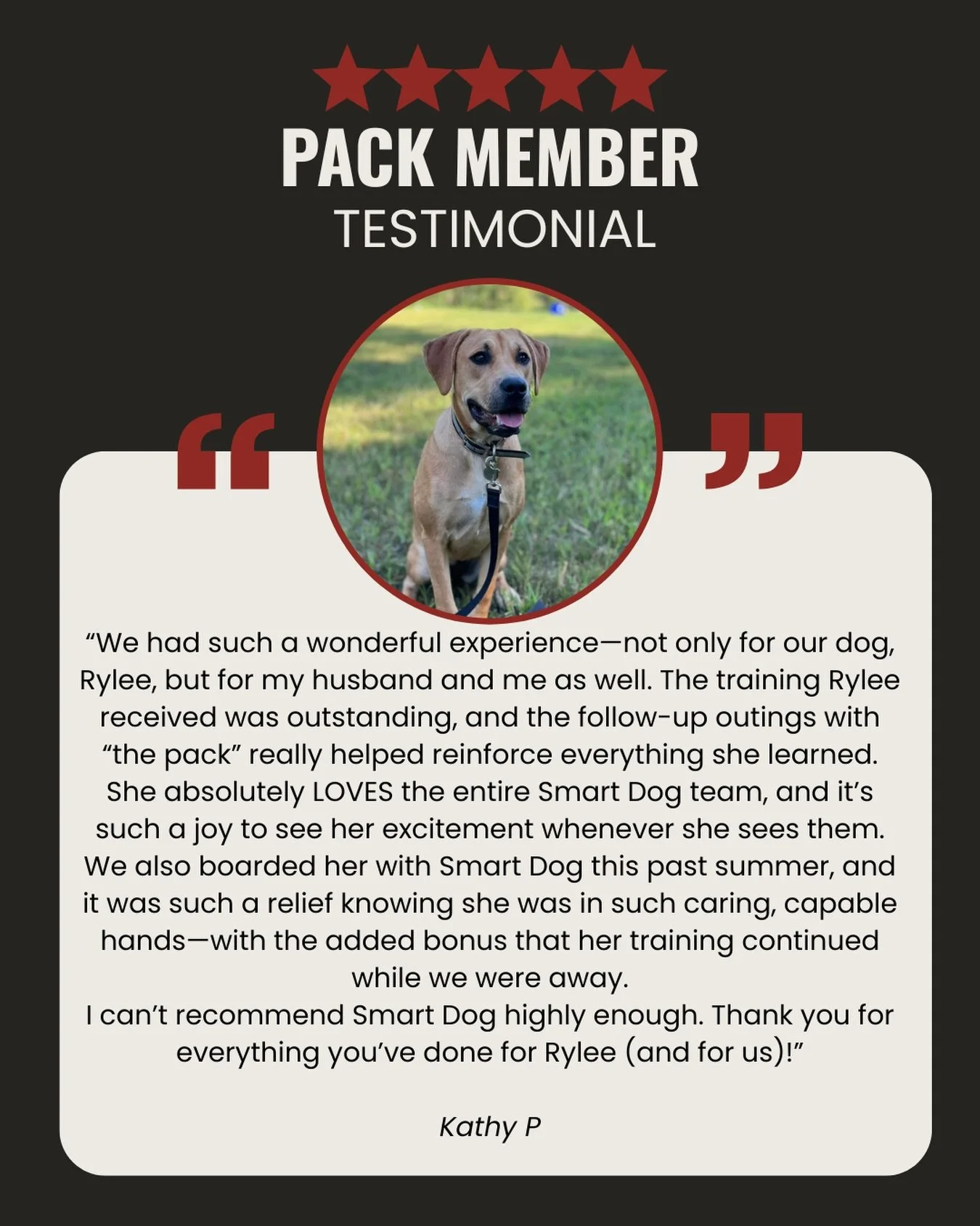 Results do not end at graduation. They continue because the support continues.

This testimonial reflects what makes Smart Dog different. Training is not a one-time event. It is an ongoing relationship between your dog, your family, and our team.

Fr