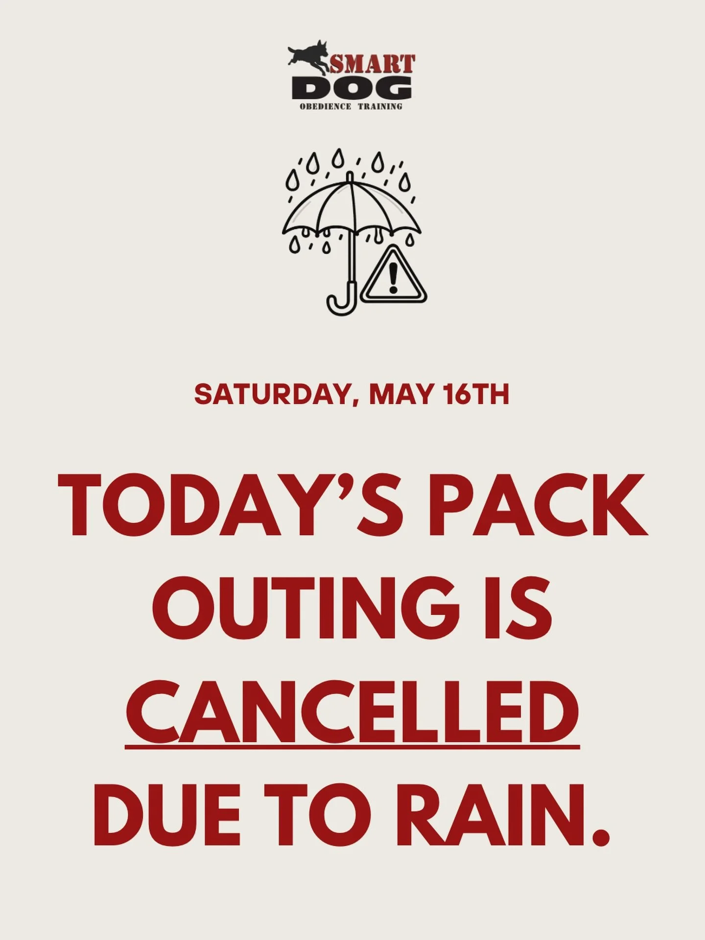 Due to the current weather, today&rsquo;s Pack Outing scheduled for 5/16 has been cancelled. ‼️

We look forward to seeing everyone at an outing soon

Stay dry! ☔️🐶